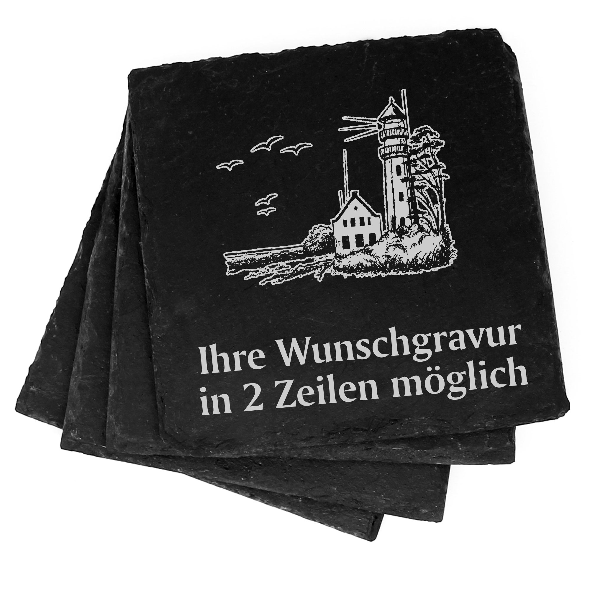 4x Leuchtturm Am Strand Deko Schiefer Untersetzer Wunschgravur Set - 11 x 11 cm