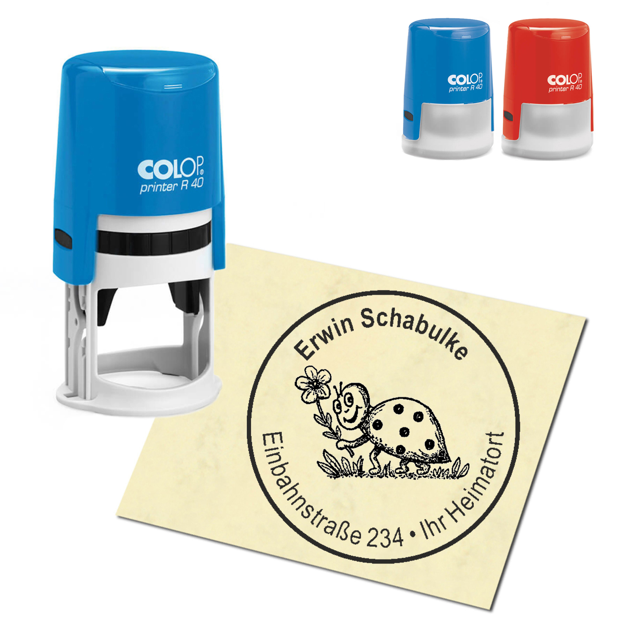 Stempel Adressstempel personalisiert - niedlicher Marienkäfer - rund &empty; 40mm