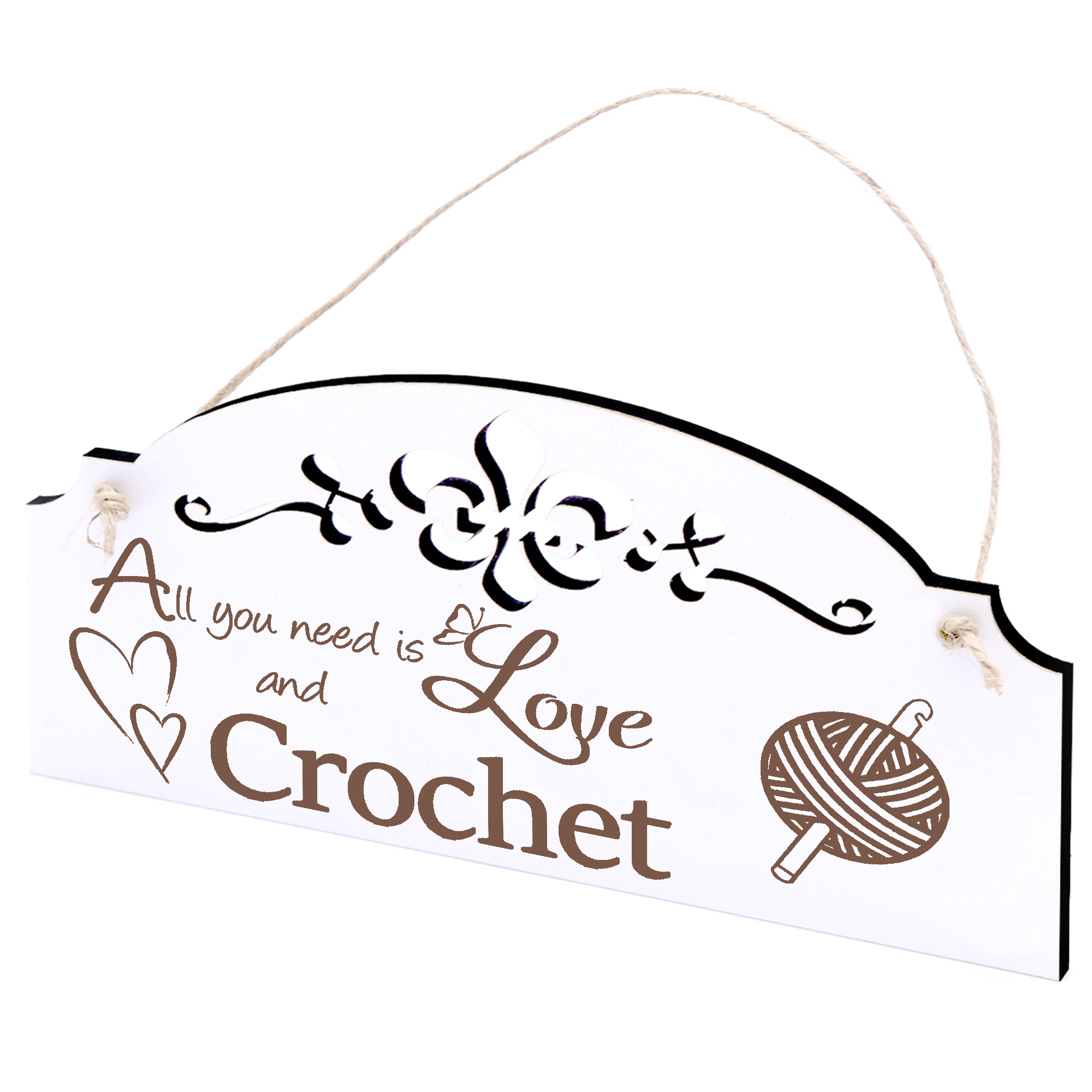 Schild Wolle und Häkelnadel Deko 20x10cm - All you need is Love and Crochet - Holz