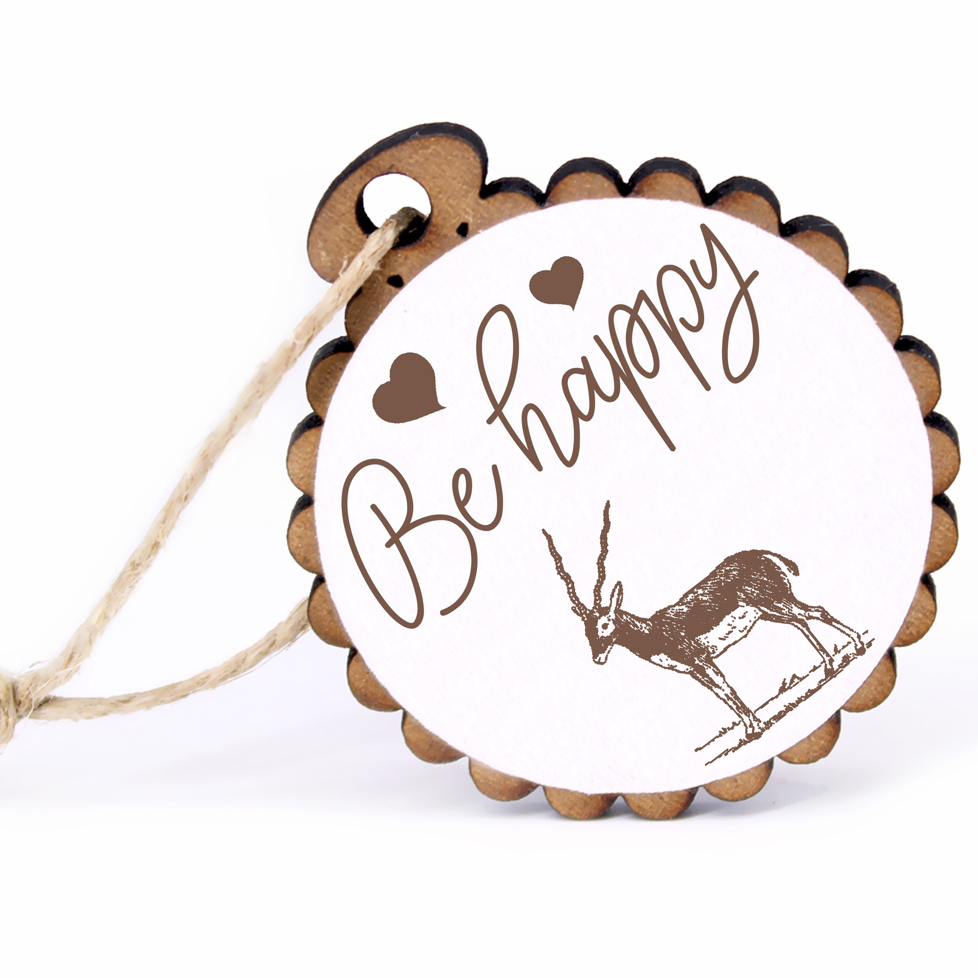 Geschenkanhänger - Be Happy Antilope -  Holz Ø-5cm - mit Juteband