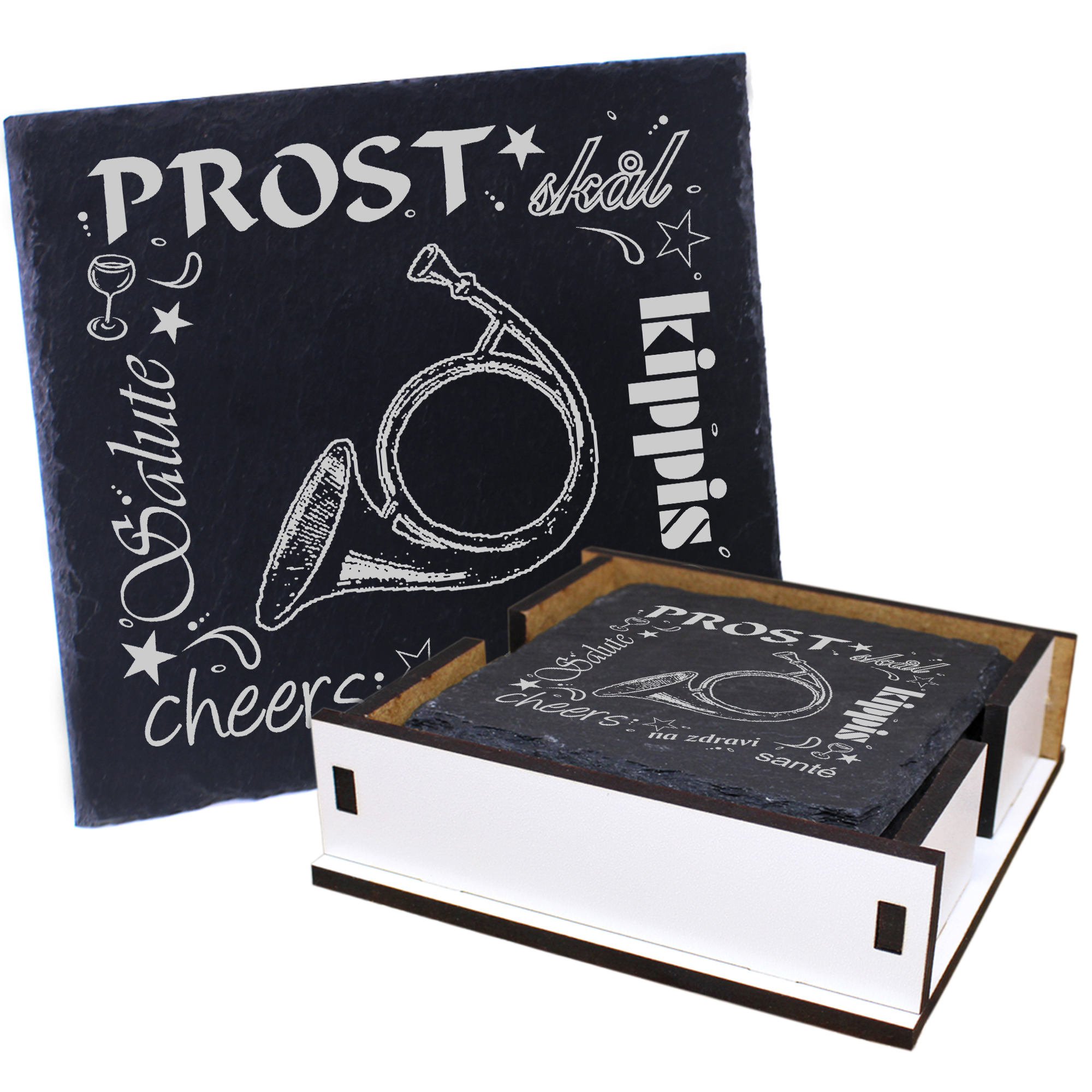 5 x Schiefer Untersetzer - Prost Horn - inkl. Holzbox & Flaschenuntersetzer