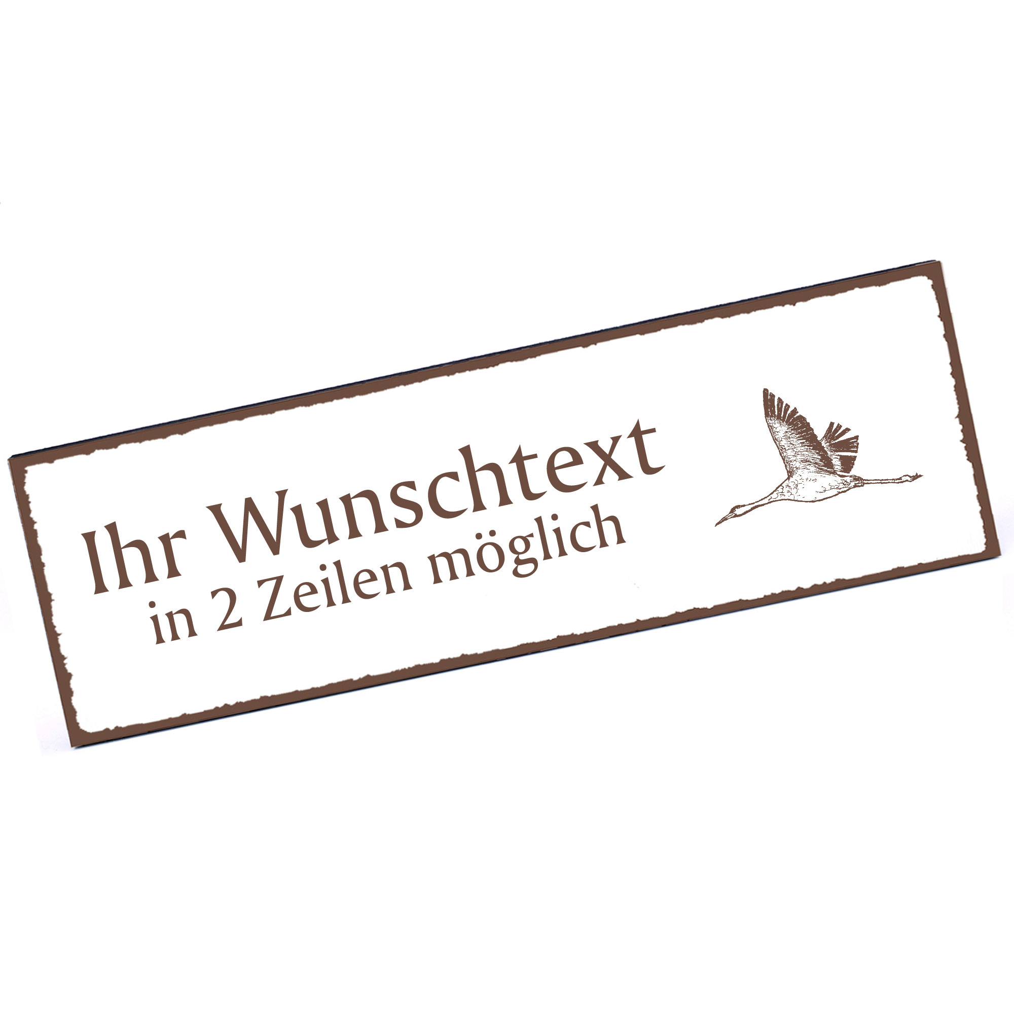 Türschild fliegender Kranich  Namensschild personalisiert mit Gravur - 150mm x 50mm - selbstklebend