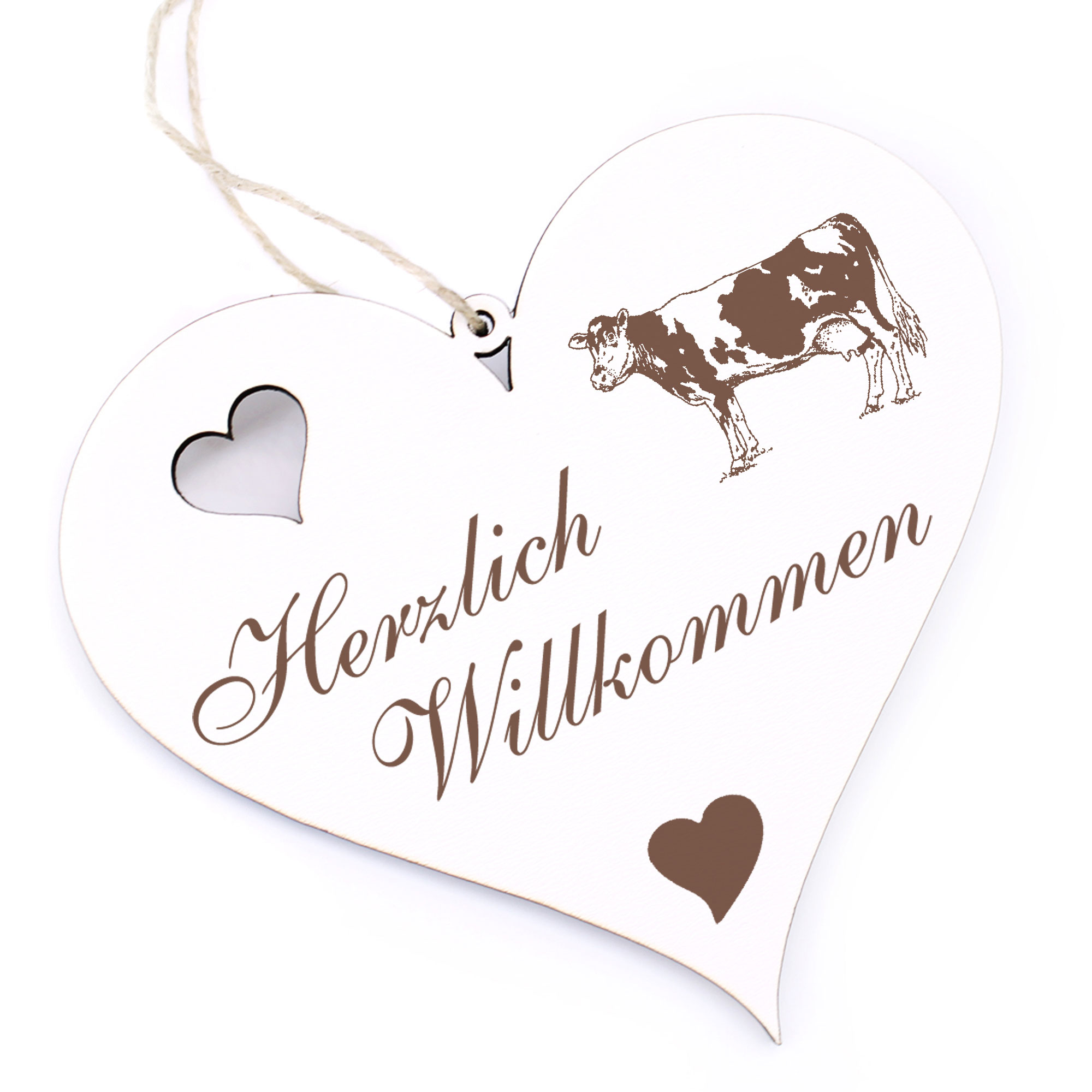 Herzlich Willkommen Schild - Kuh - Deko Herz Holz