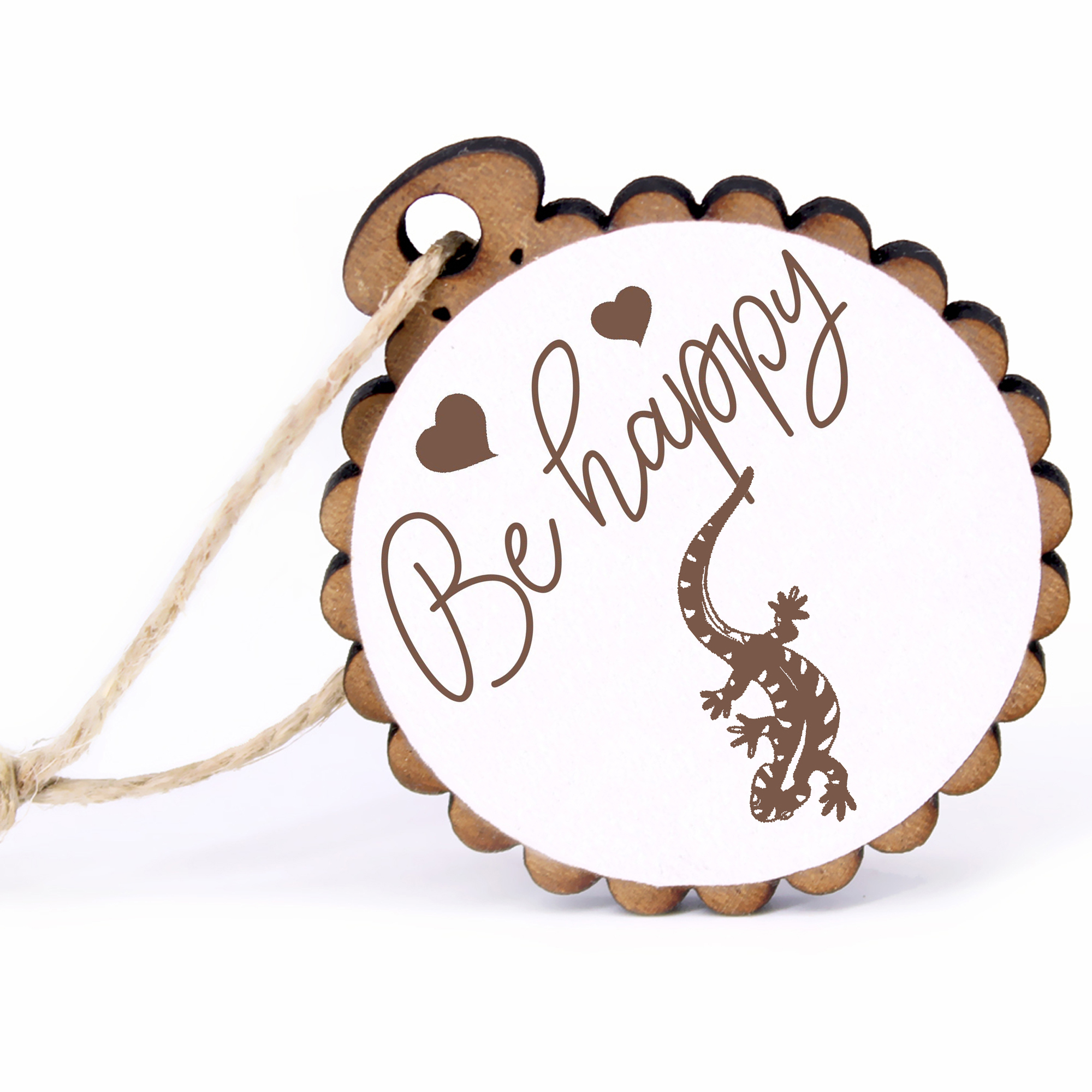Geschenkanhänger - Be Happy Eidechse -  Holz Ø-5cm - mit Juteband