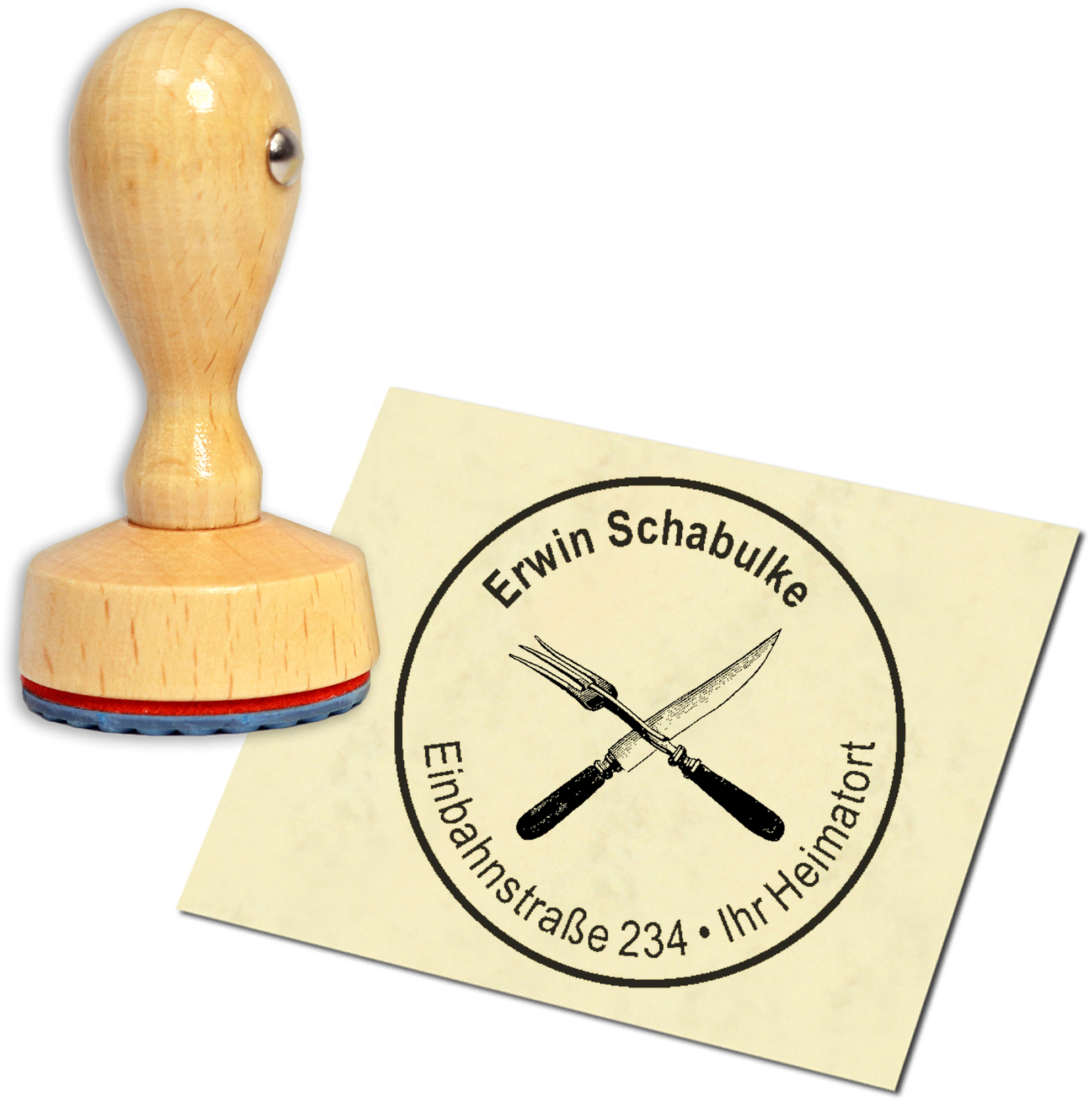 Stempel Adressstempel Holzstempel - Messer & Gabel - rund 40mm
