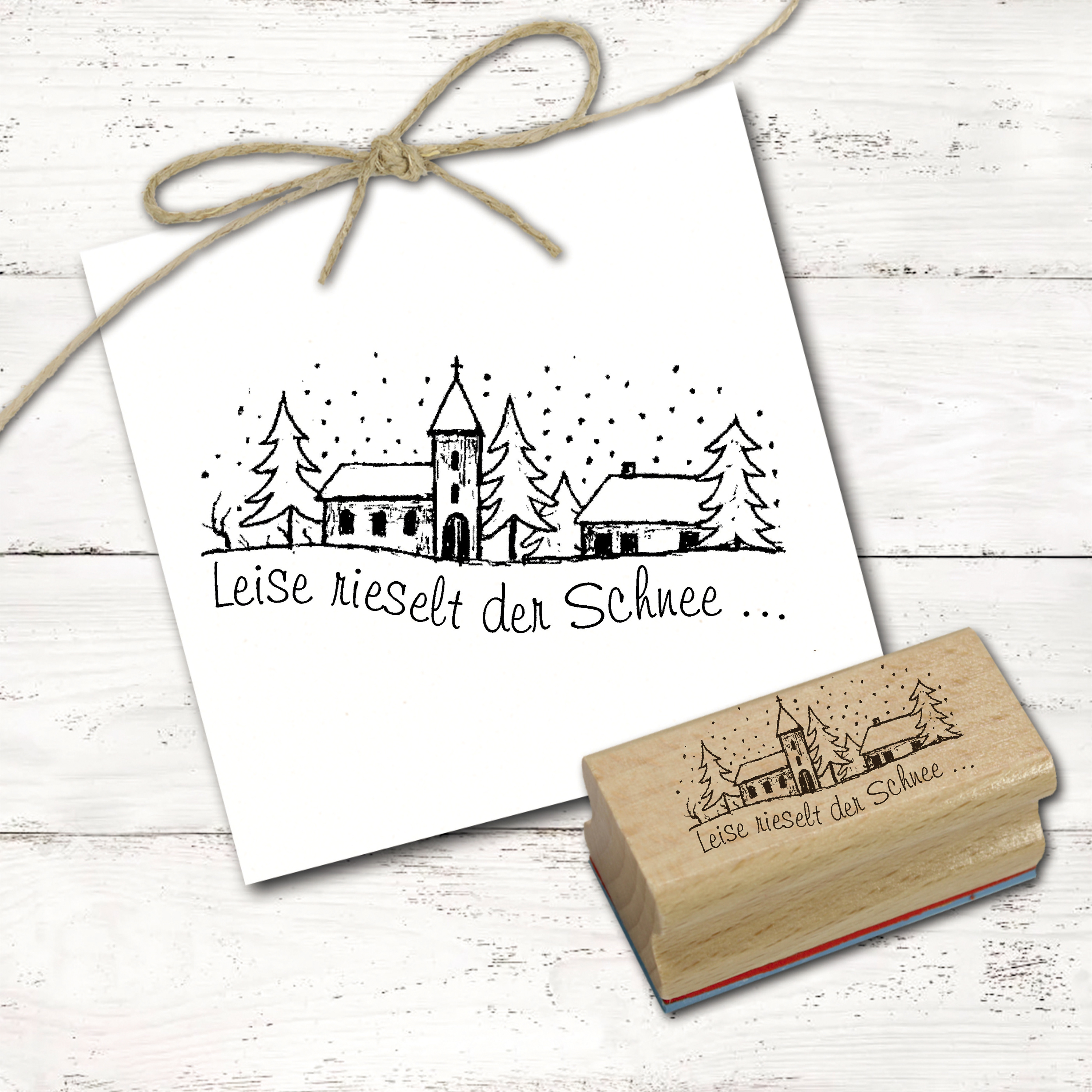 Motivstempel Winter Stadt Leise rieselt der Schnee Stempel - Holzstempel 58mm x 28mm   