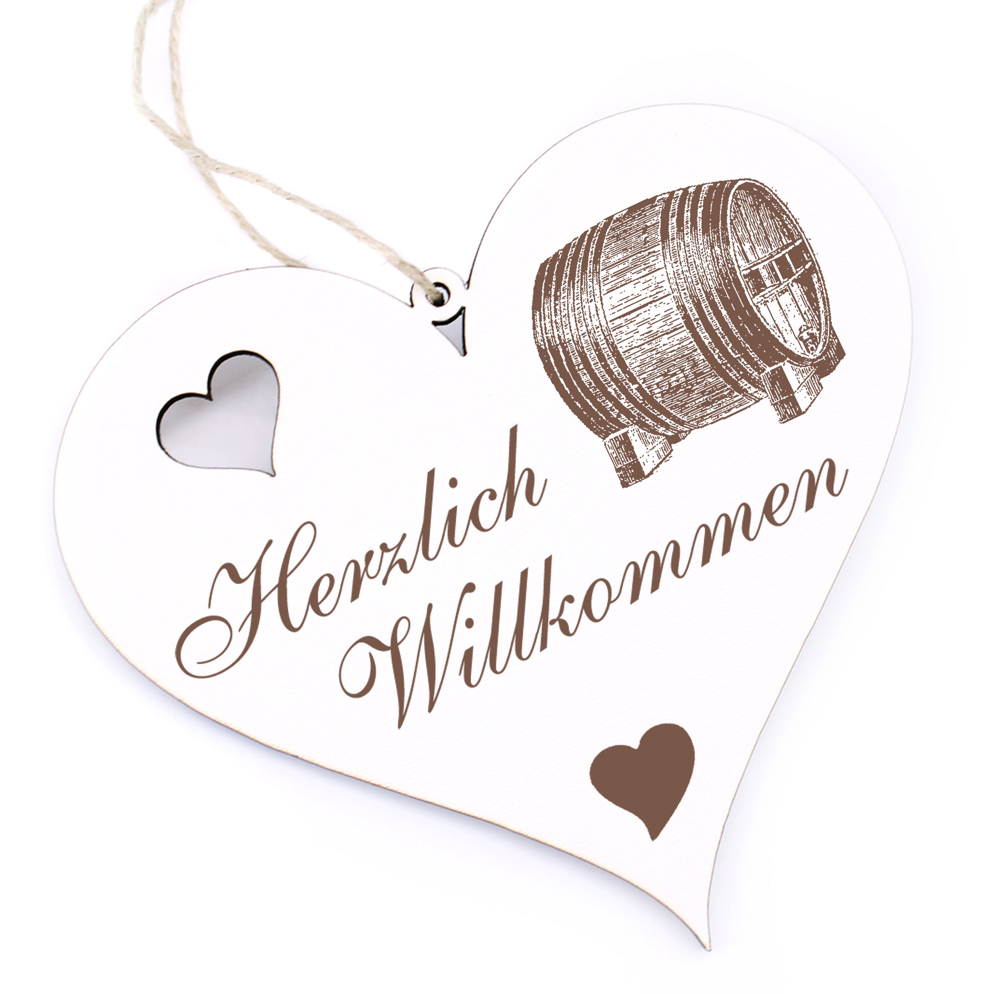Herzlich Willkommen Schild - Weinfass - Deko Herz Holz