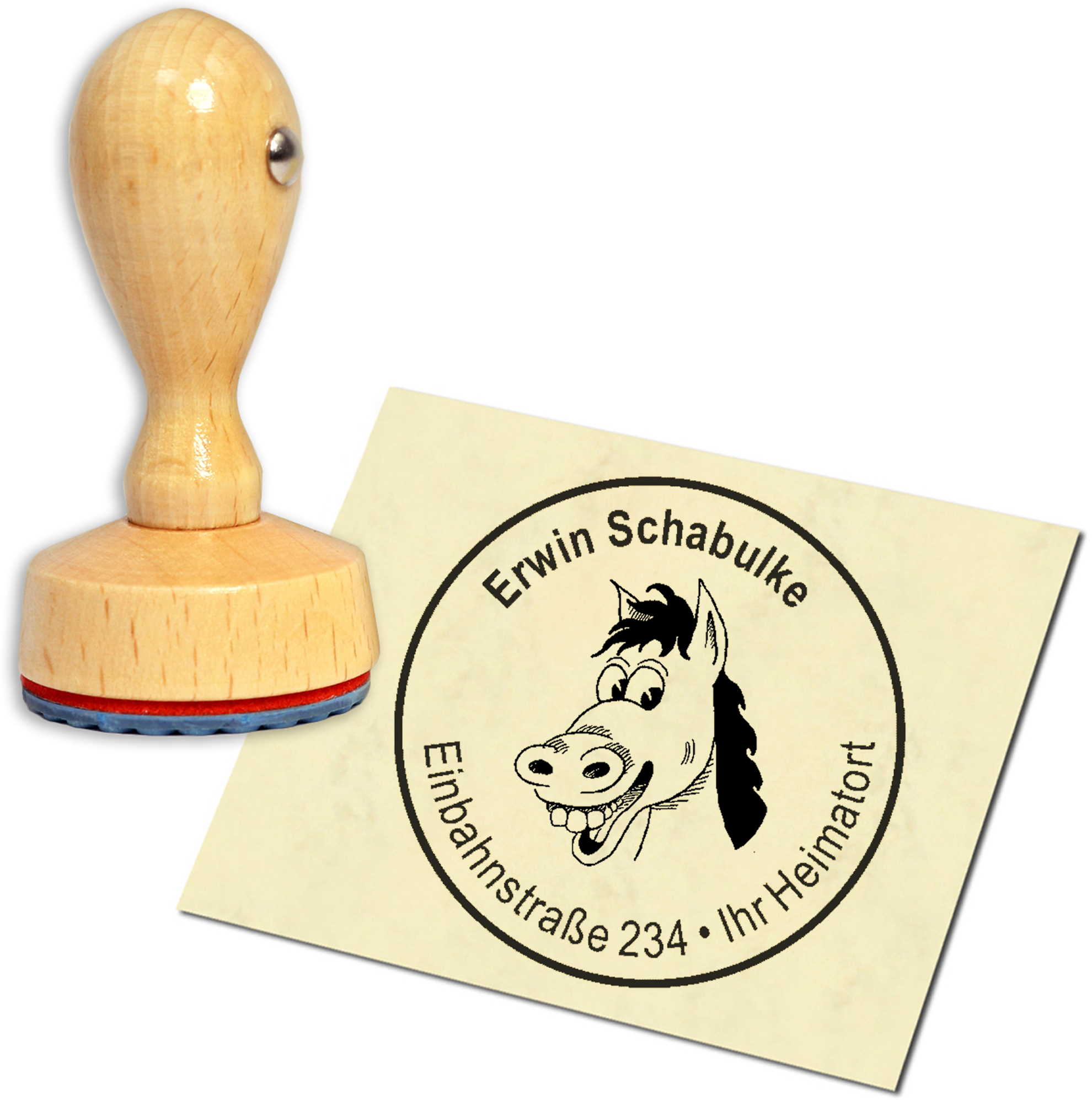 Stempel Adressstempel Holzstempel - lustiger Pferdekopf - rund 40mm