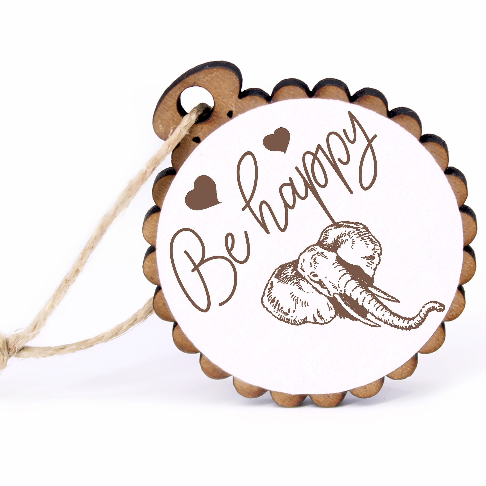 Geschenkanhänger - Be Happy Elefant Kopf -  Holz Ø-5cm - mit Juteband