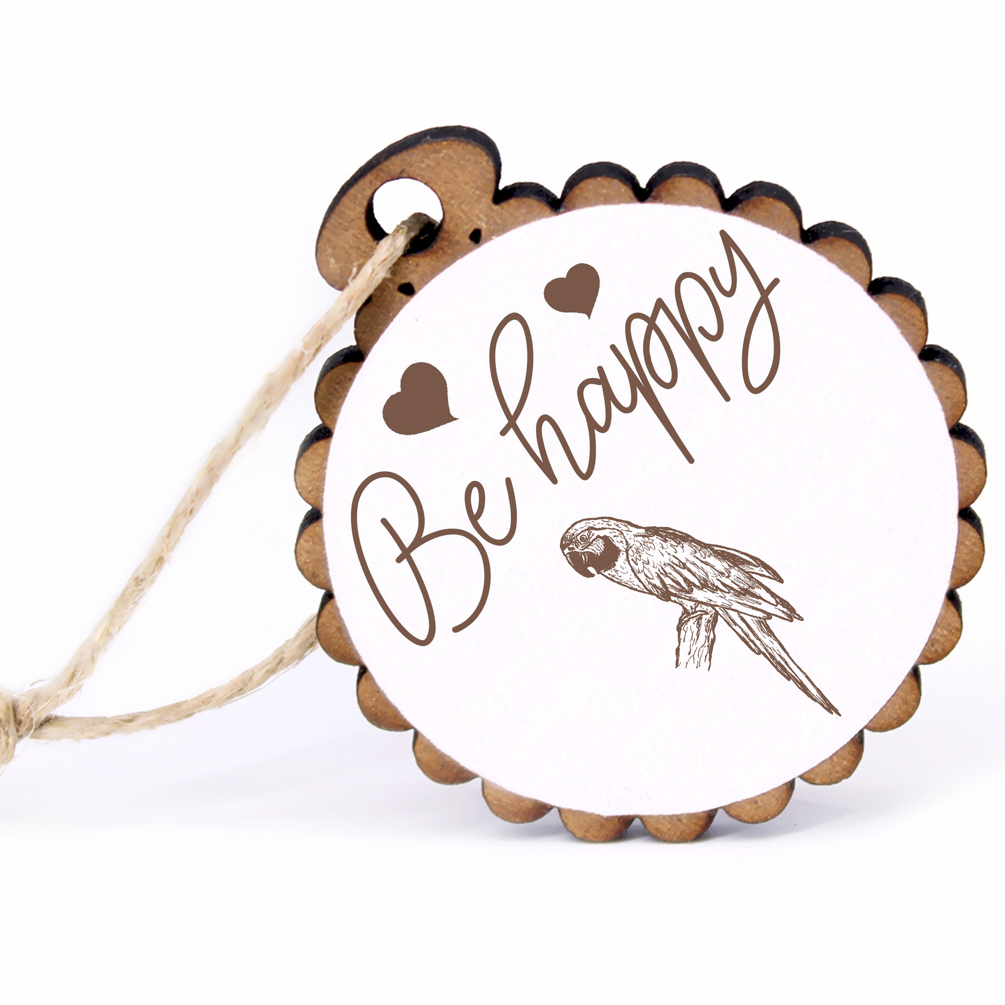 Geschenkanhänger - Be Happy Papagei auf Ast -  Holz Ø-5cm - mit Juteband