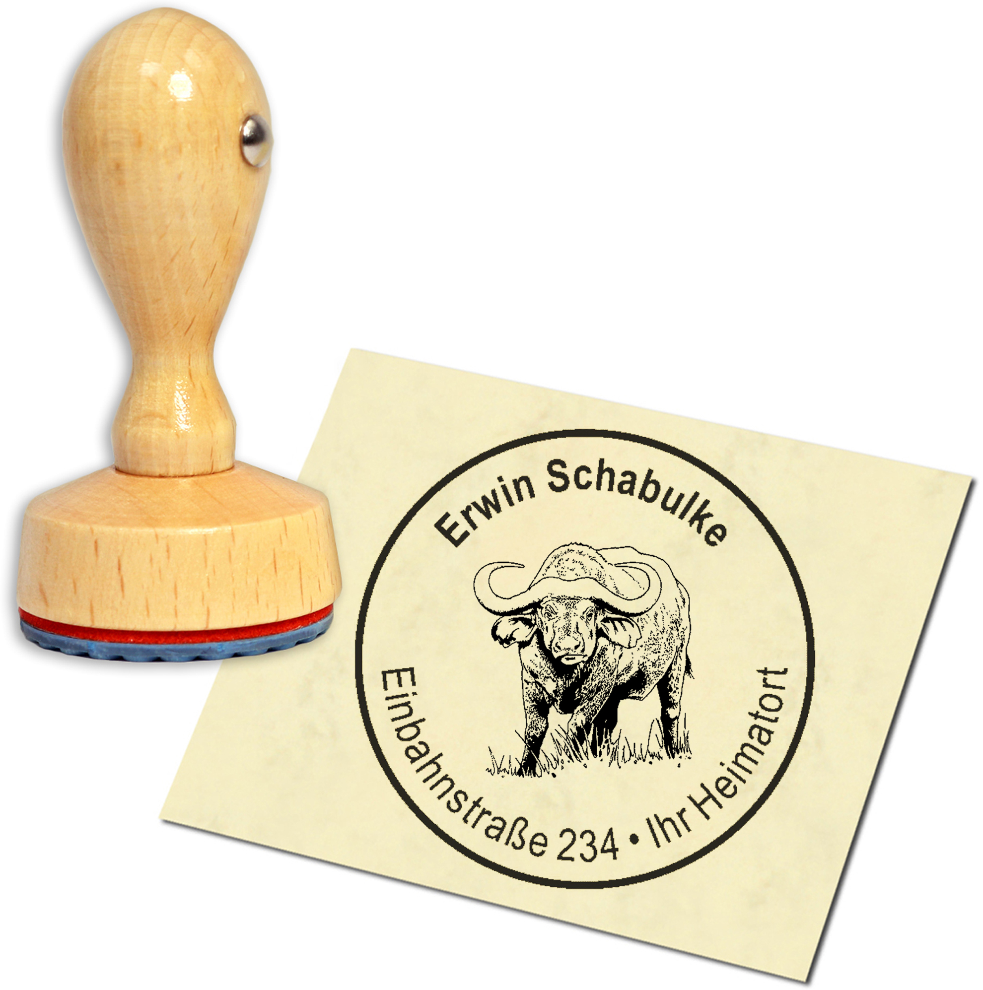Stempel Adressstempel Holzstempel - Wasserbüffel - rund 40mm