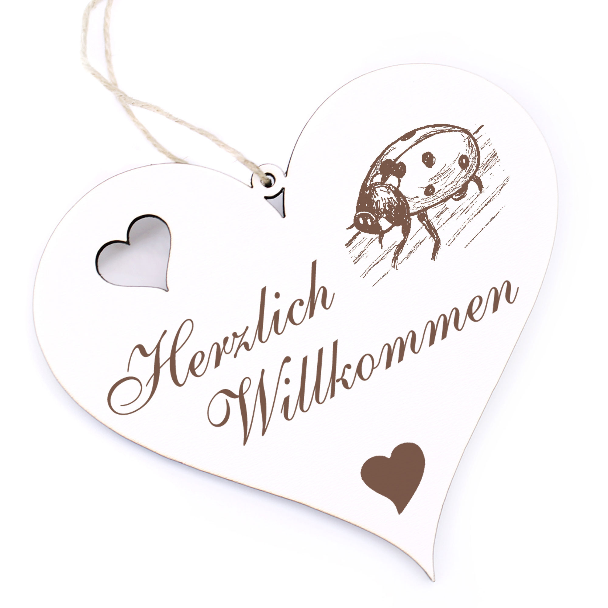 Herzlich Willkommen Schild - Marienkäfer - Deko Herz Holz