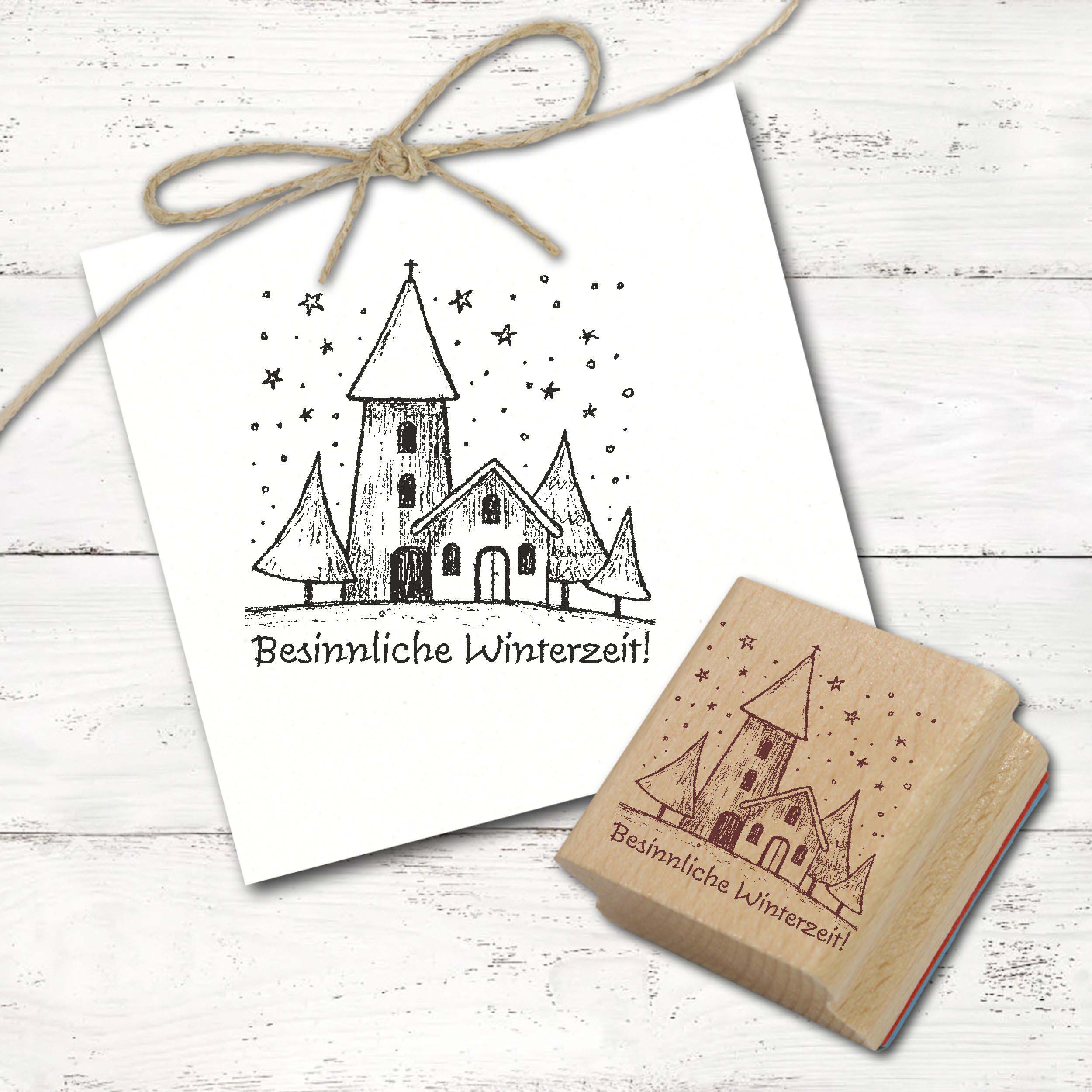 Motivstempel Besinnliche Winterzeit - Winter Dorf Kirche Stempel Holzstempel 58 mm x 58 mm
