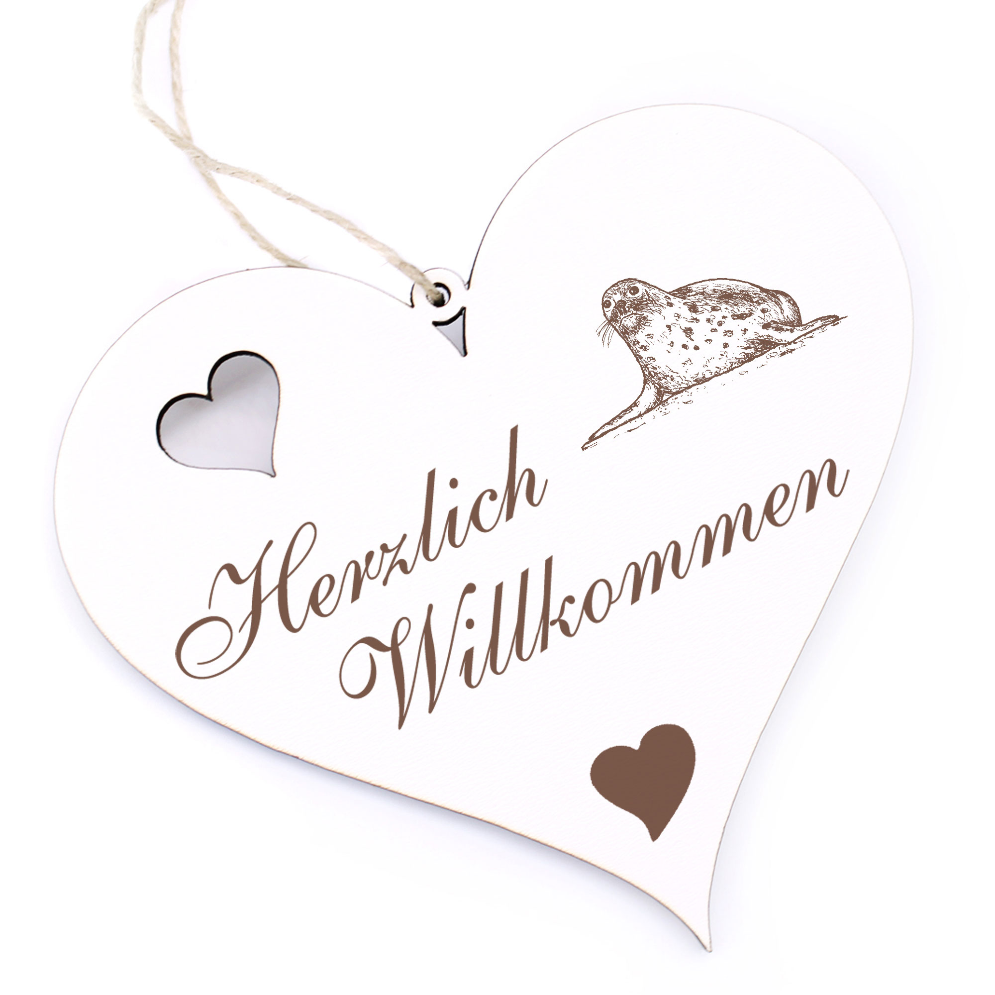 Herzlich Willkommen Schild - Seerobbe - Deko Herz Holz