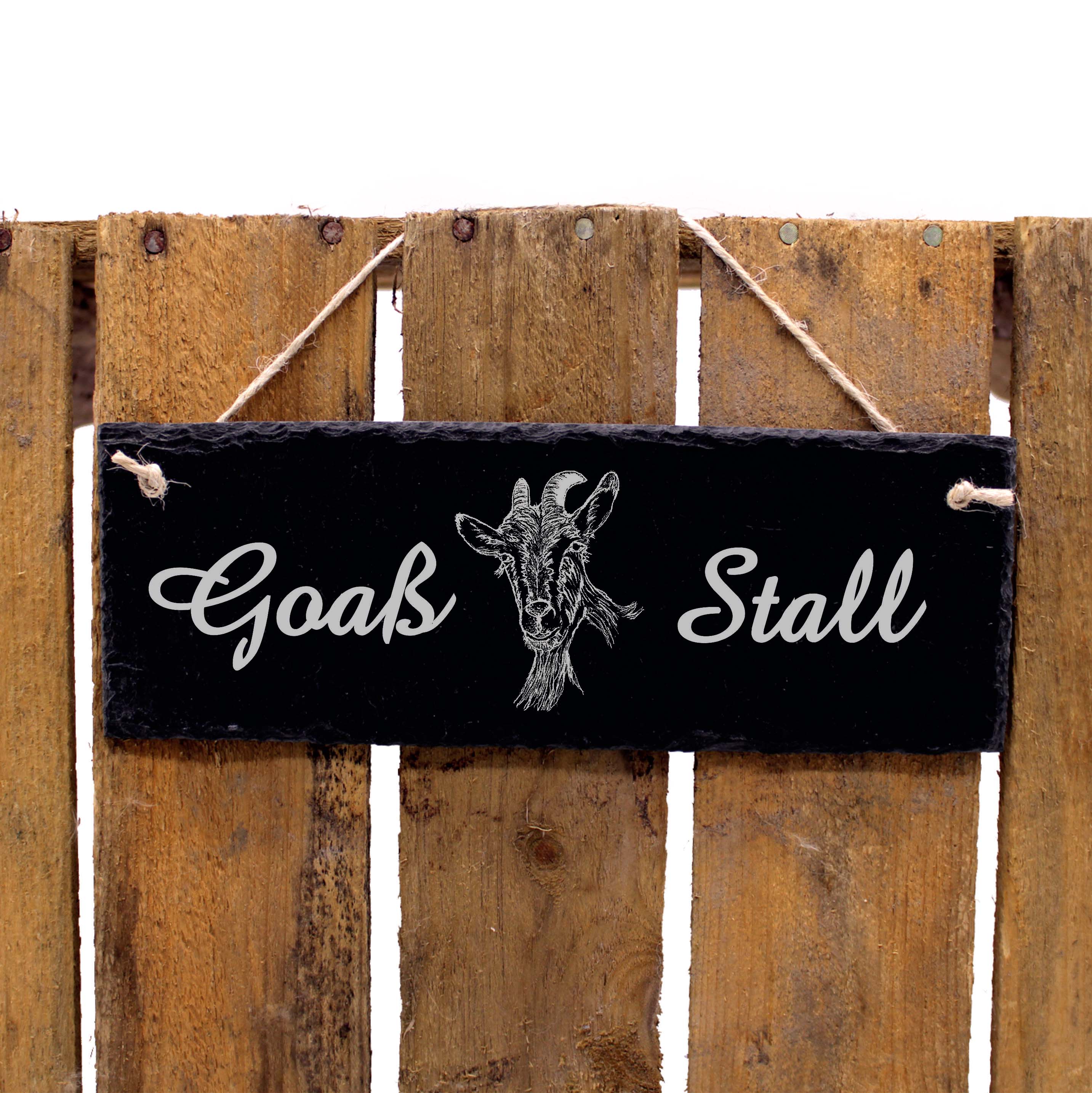 Goaßstall Schiefer Schild graviert - Ziegenbock Goaß Ziege Ziegenstall Türschild 22 x 8 cm