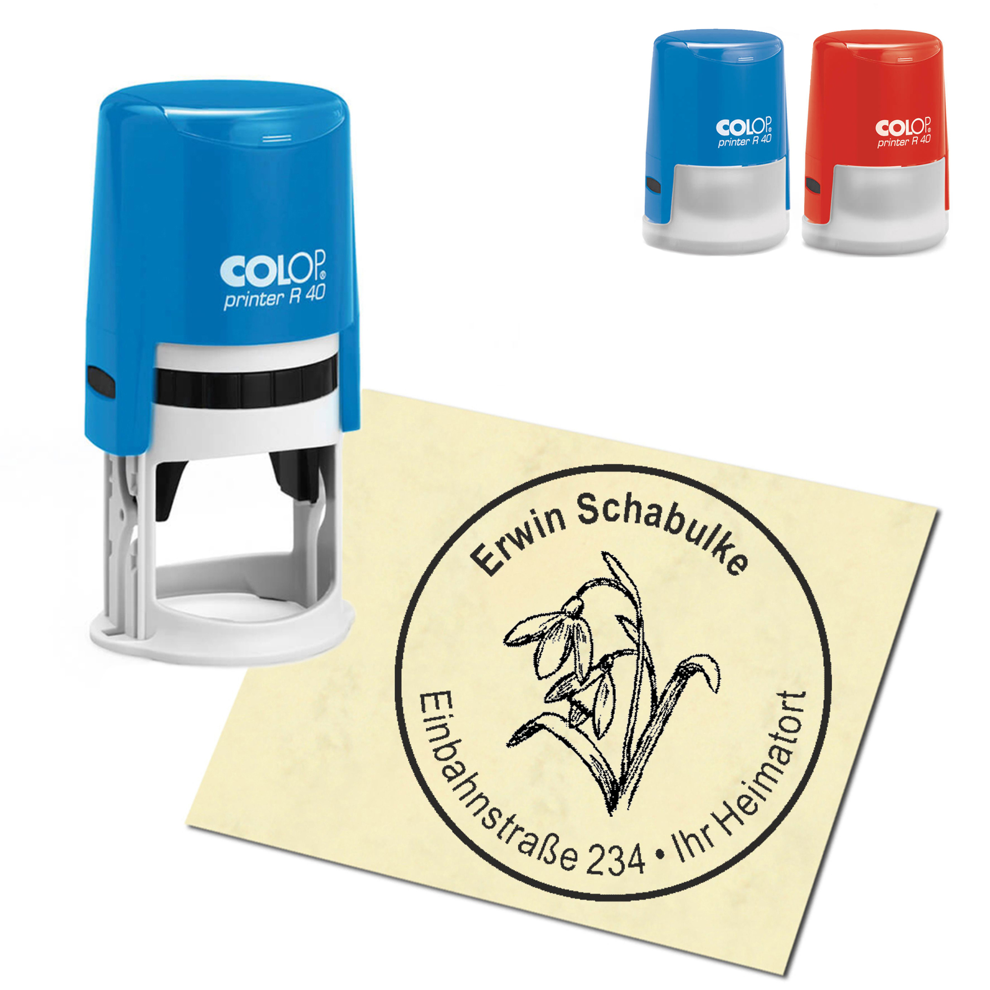 Stempel Adressstempel personalisiert - Schneeglöckchen - rund &empty; 40mm