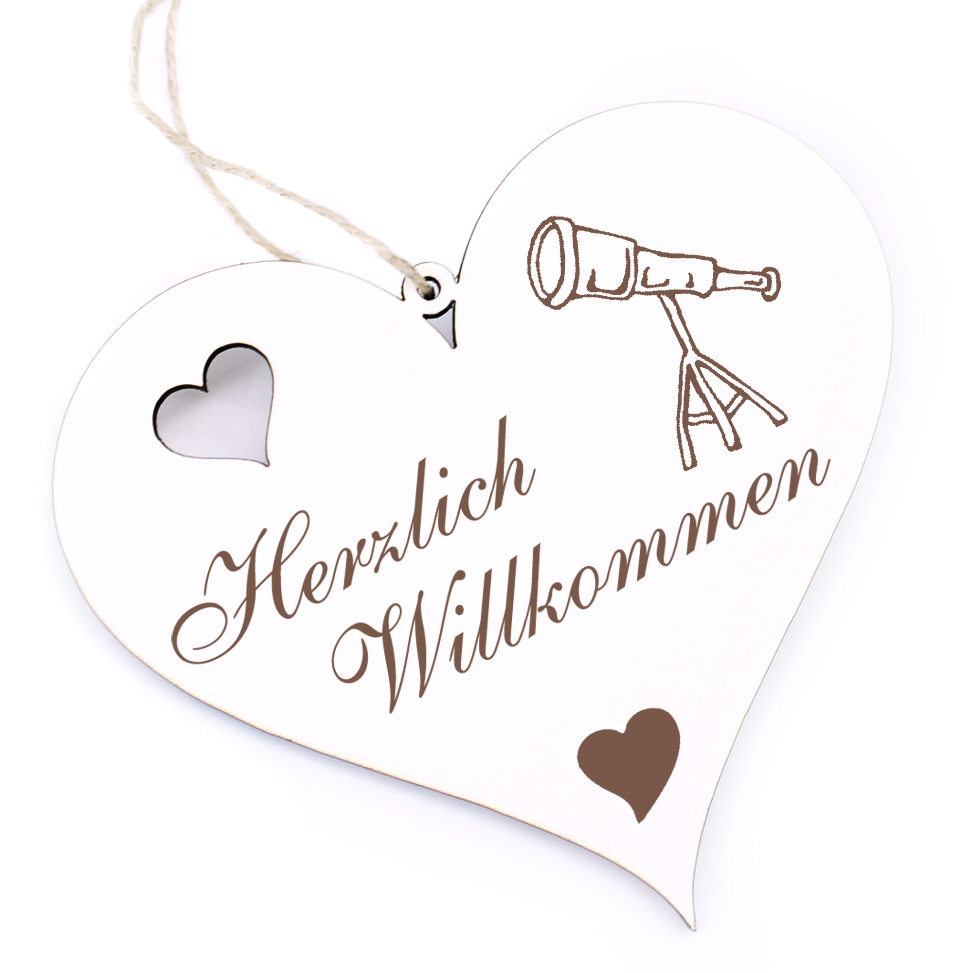 Herzlich Willkommen Schild - Teleskop - Deko Herz Holz