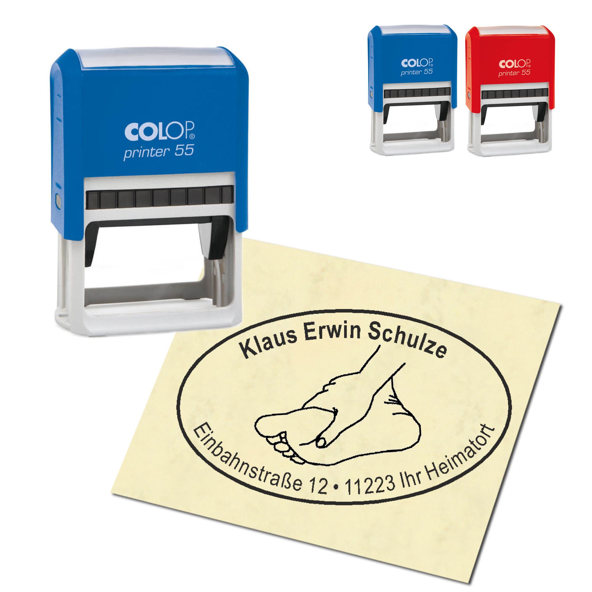 Adressstempel personalisiert Stempel - Fuß und Hand - oval 59 x 39 mm