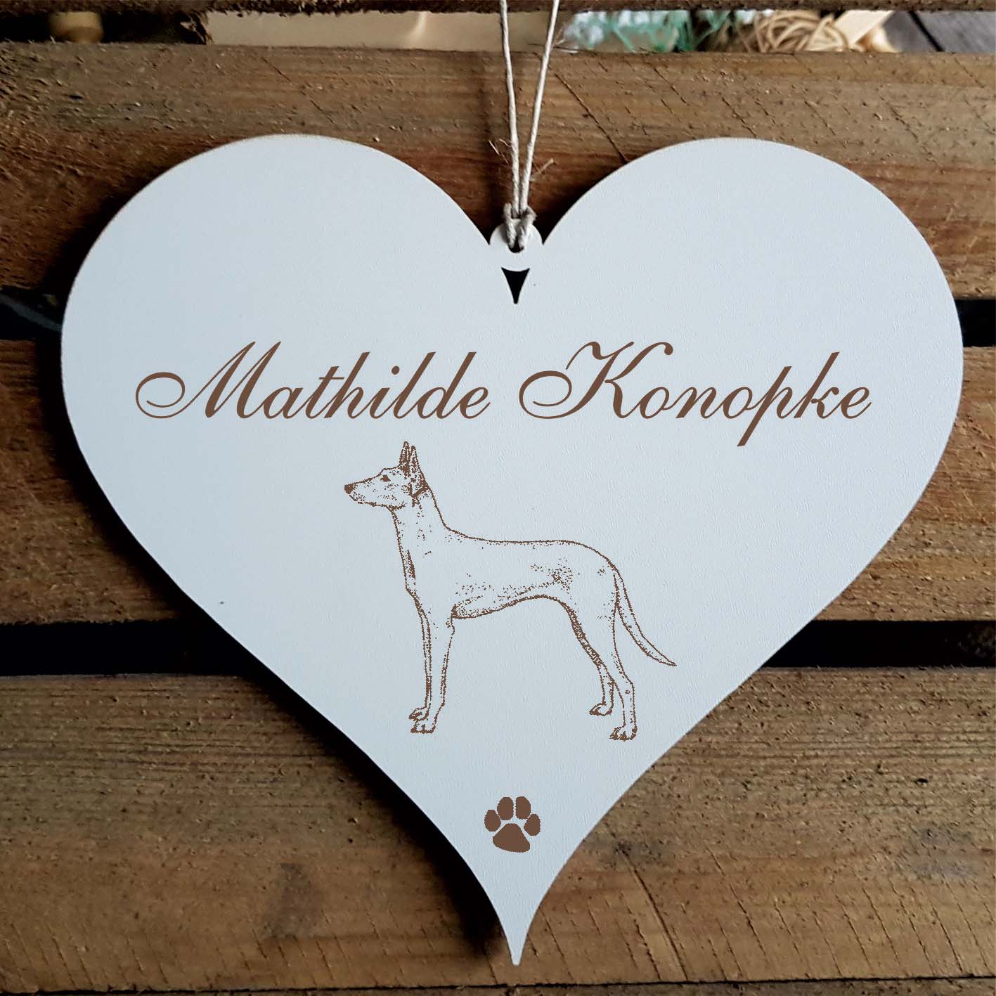 Herz Schild « Podenco » mit Namen - Türschild zum Anhängen