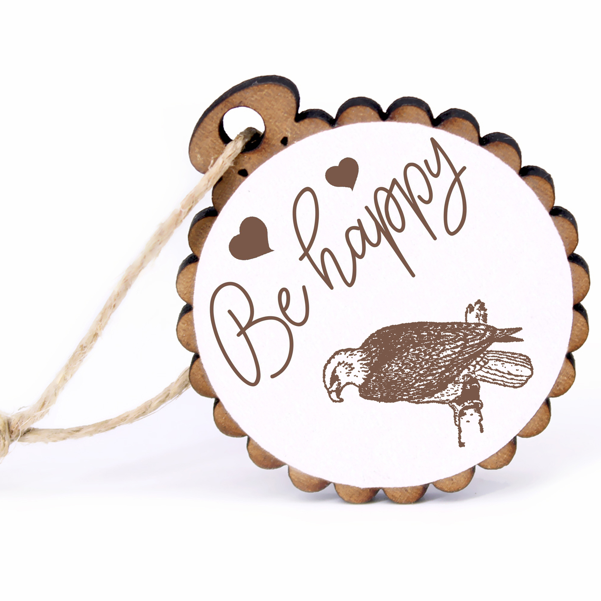 Geschenkanhänger - Be Happy Adler -  Holz Ø-5cm - mit Juteband