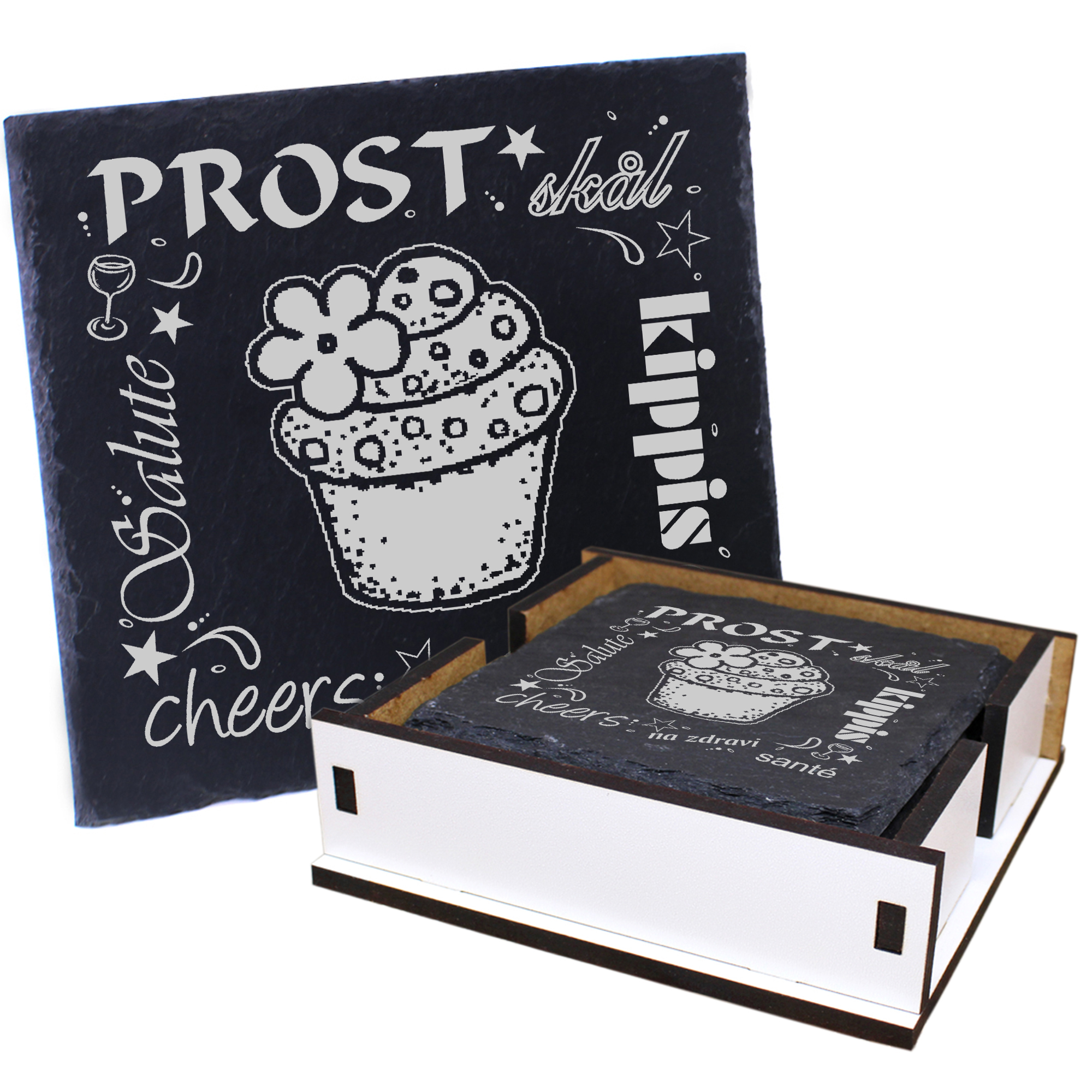 5 x Schiefer Untersetzer - Prost Cupcake - inkl. Holzbox & Flaschenuntersetzer