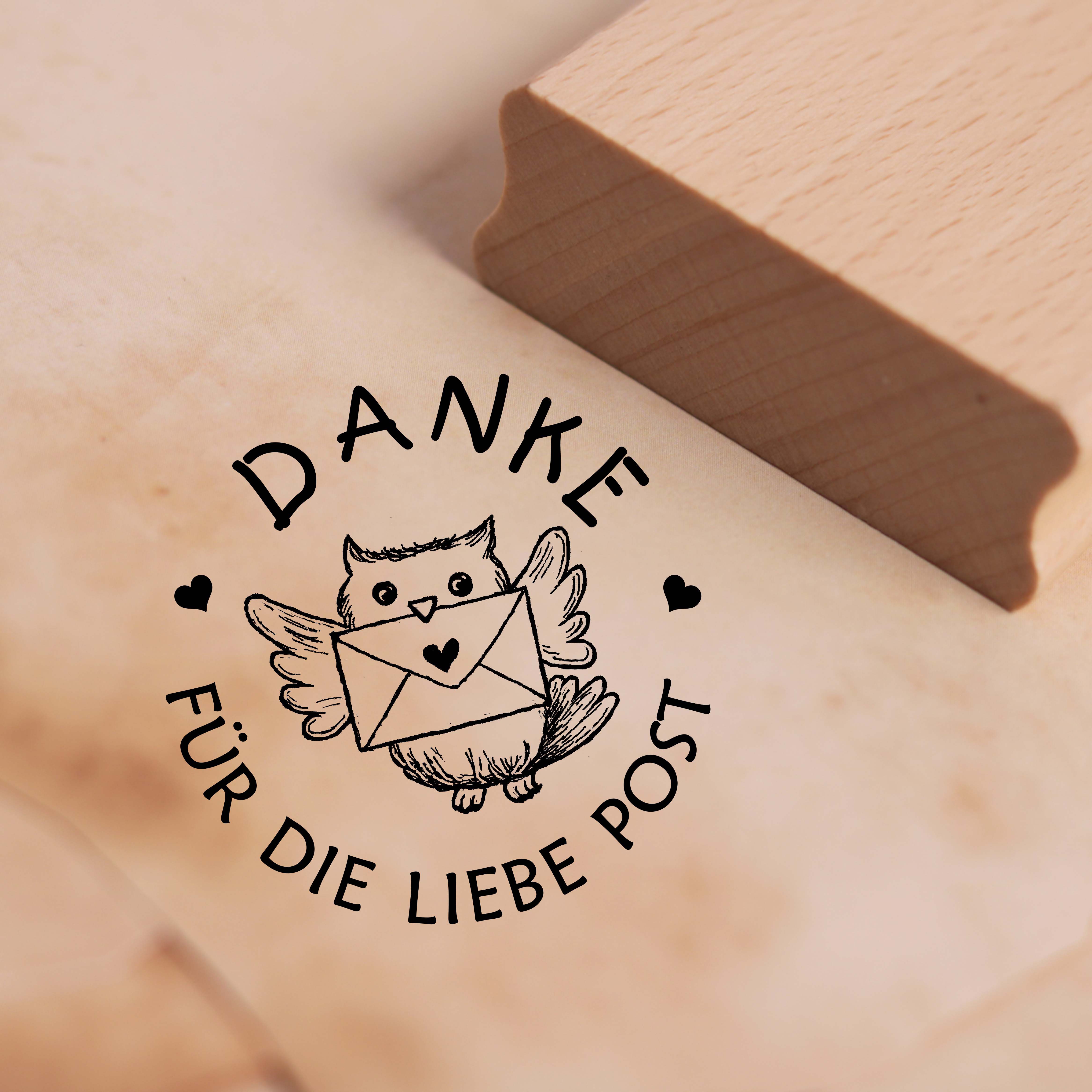 Motivstempel Danke für die liebe Post Stempel Eule Brief Herzen 38 x 38 mm