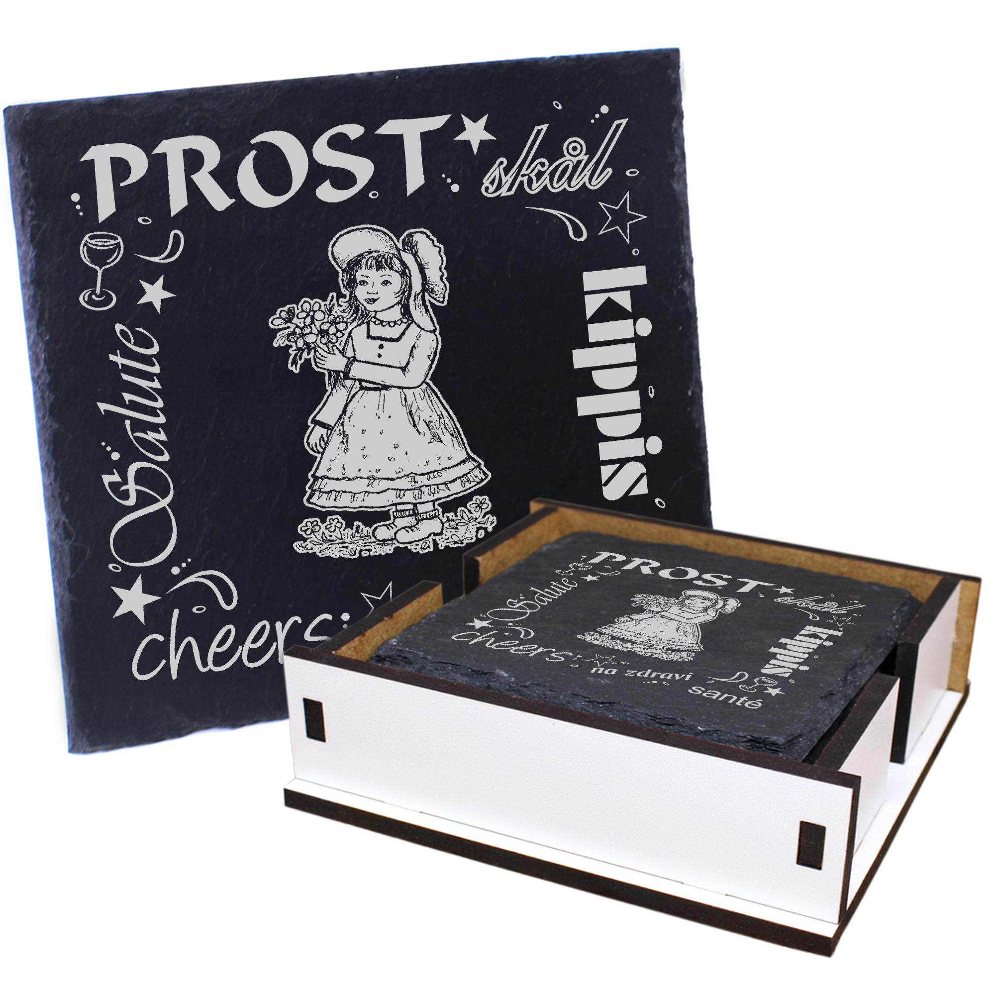 5 x Schiefer Untersetzer - Prost kleines Mädchen - inkl. Holzbox & Flaschenuntersetzer