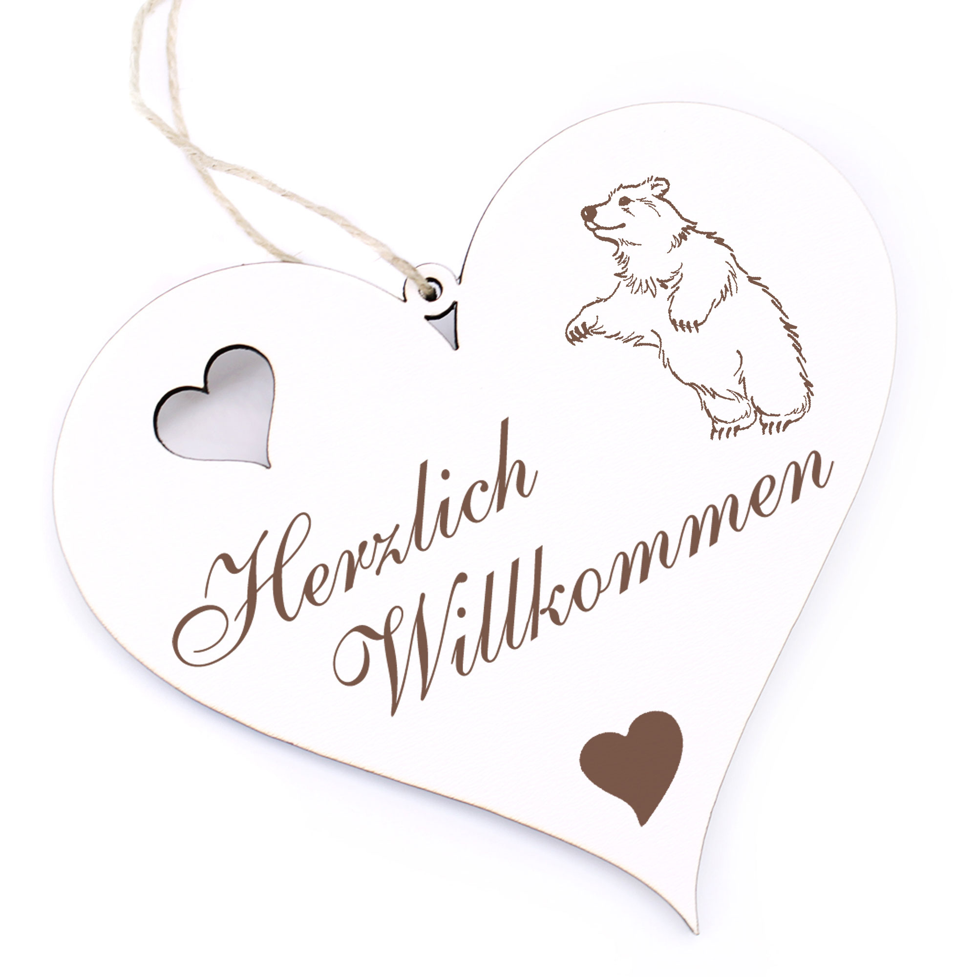 Herzlich Willkommen Schild - stehender Eisbär - Deko Herz Holz