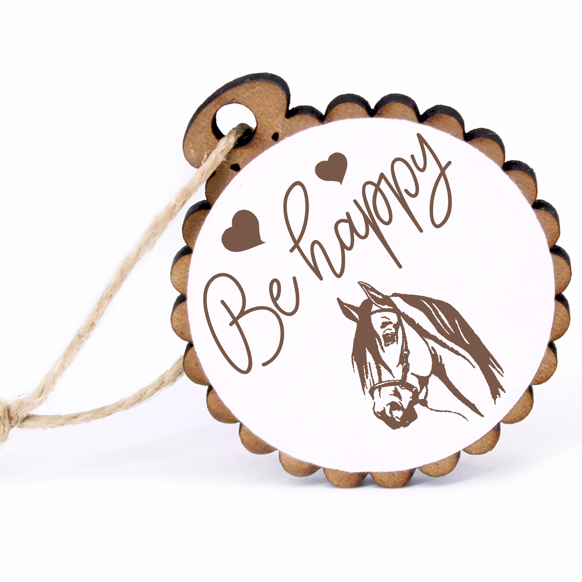 Geschenkanhänger - Be Happy Pferd Kopf -  Holz Ø-5cm - mit Juteband