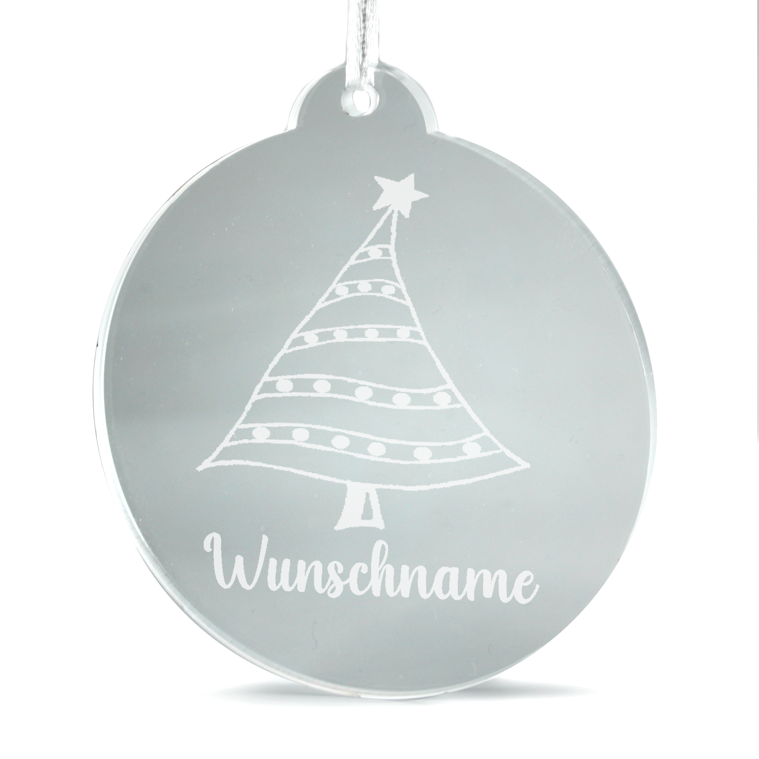 Christbaumanhänger Wunschname Tannenbaum aus Acryl – transparente Weihnachtsanhänger mit weißer Gravur