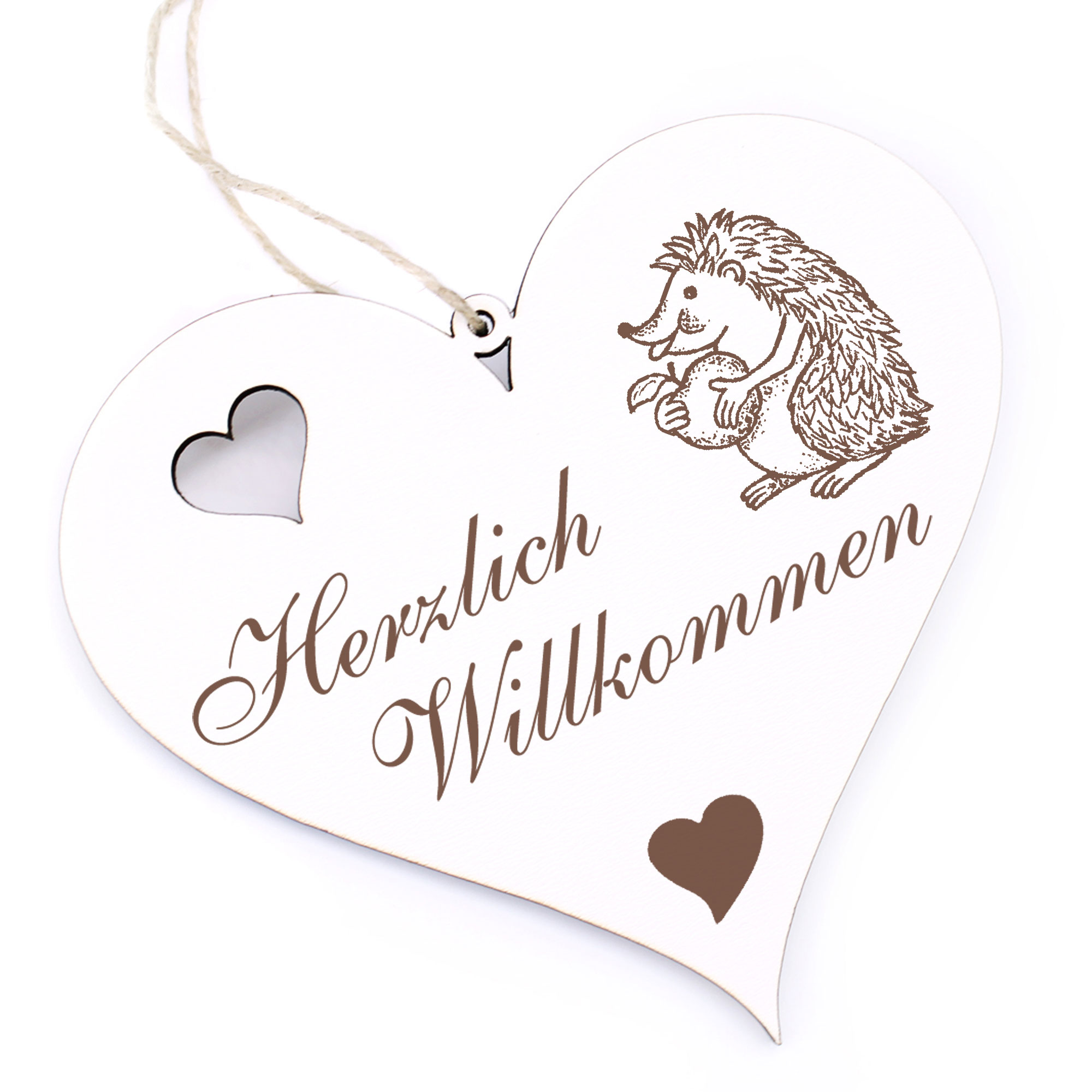 Herzlich Willkommen Schild - Igel mit Apfel - Deko Herz Holz