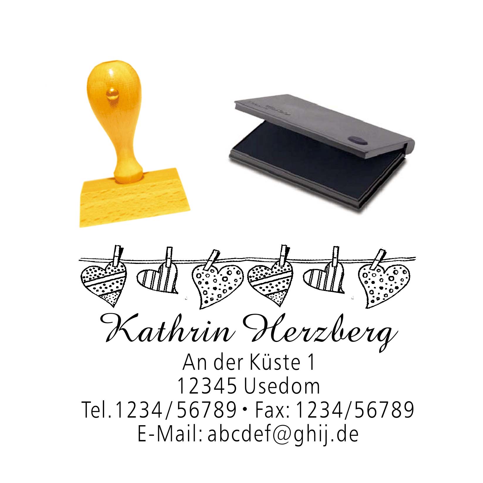 Stempel Herzen an der Leine - Wäscheklammer - mit persönlicher Adresse und Stempelkissen
