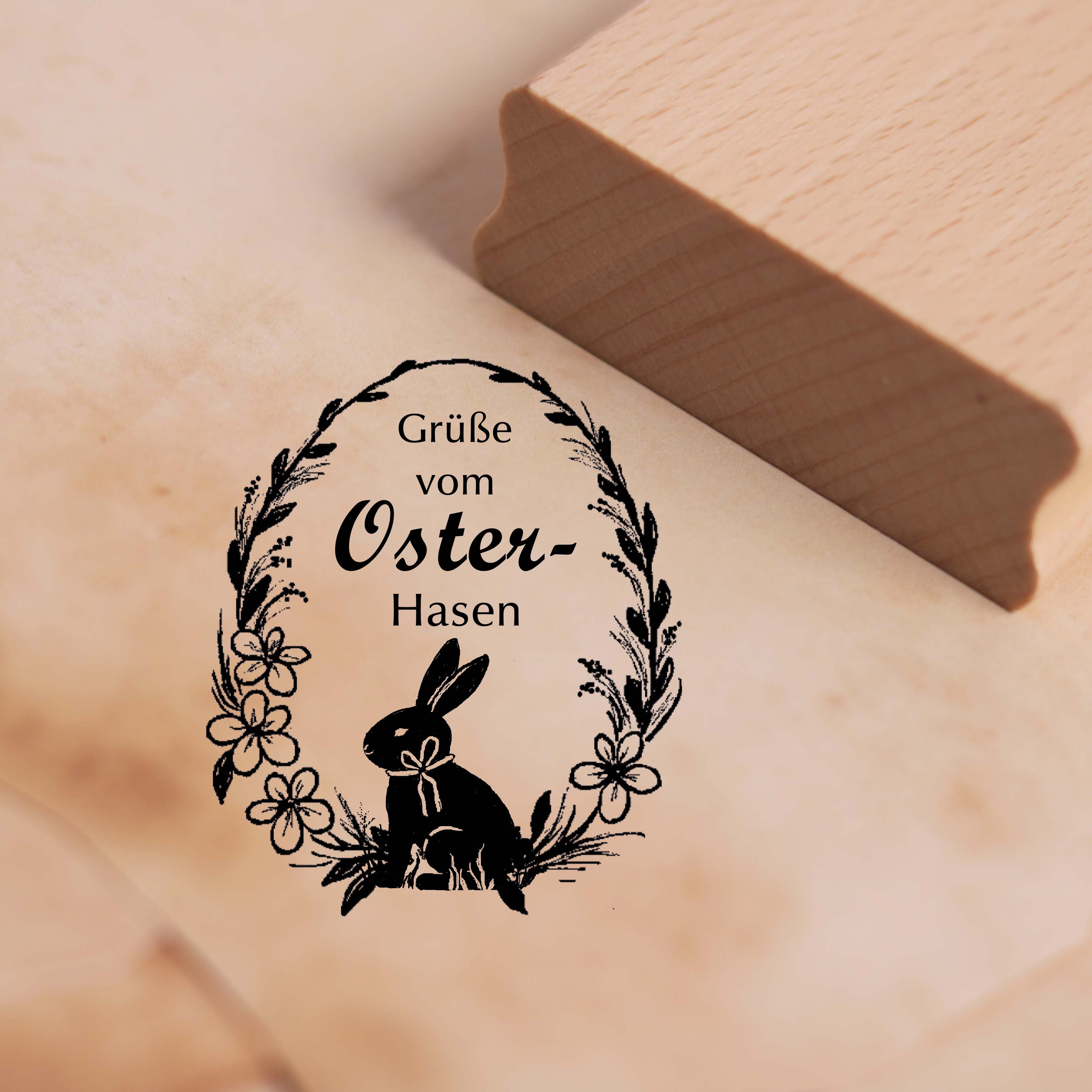 Motivstempel Osterei Blumenkranz Grüße vom Osterhasen - Osterhase Stempel Holzstempel 58 x 68 mm
