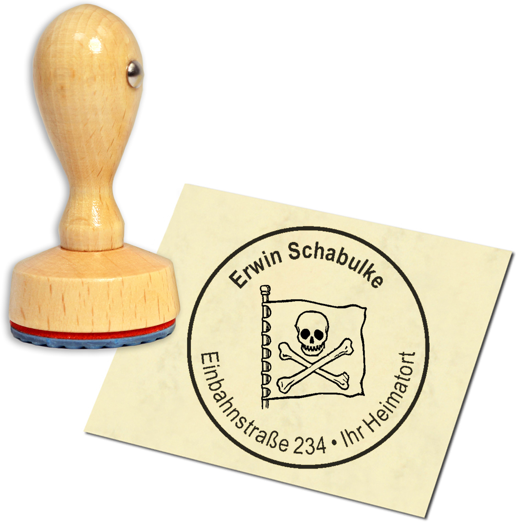 Stempel Adressstempel Holzstempel - Piratenflagge - rund 40mm