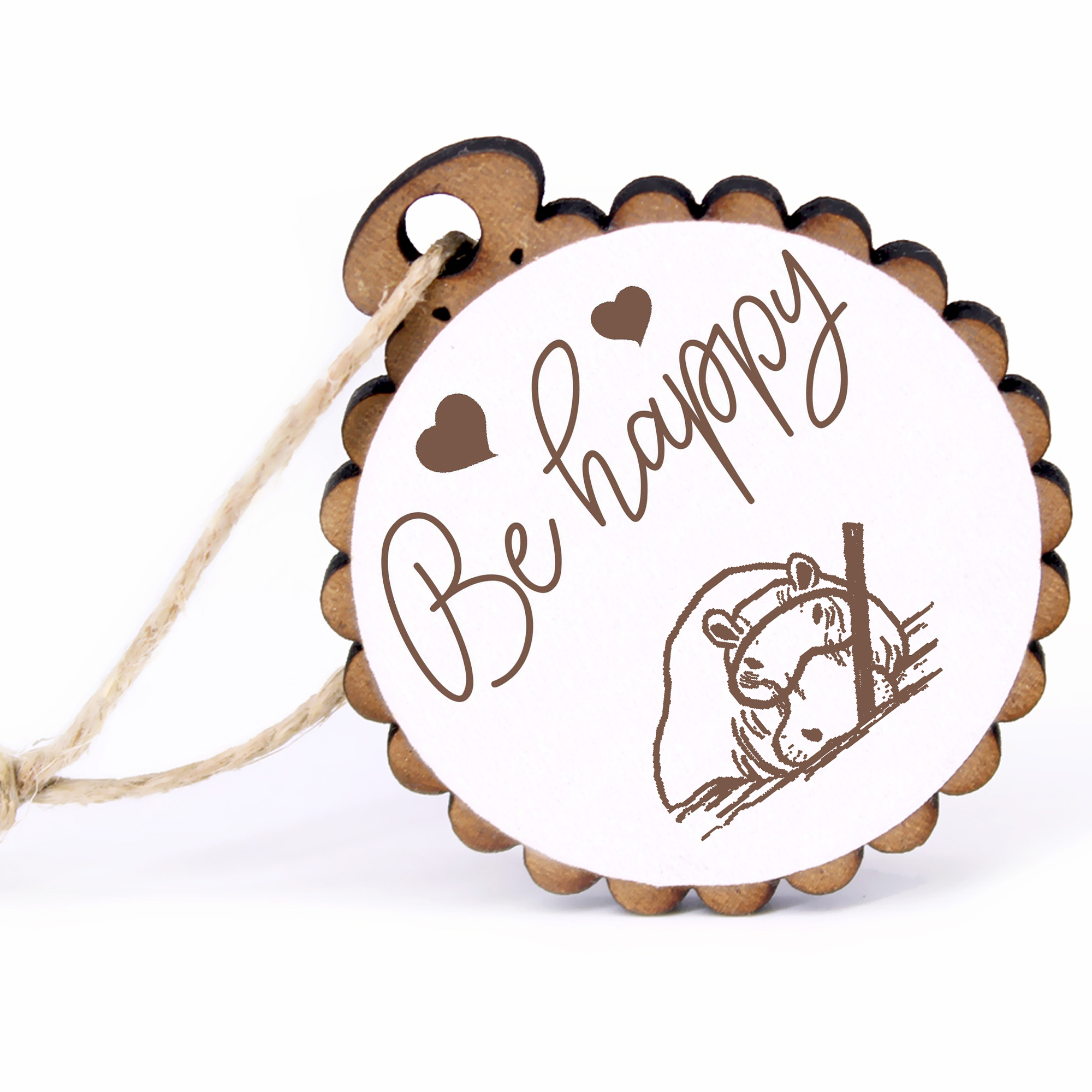 Geschenkanhänger - Be Happy niedliches Nilpferd mit Taucherbrille -  Holz Ø-5cm - mit Juteband