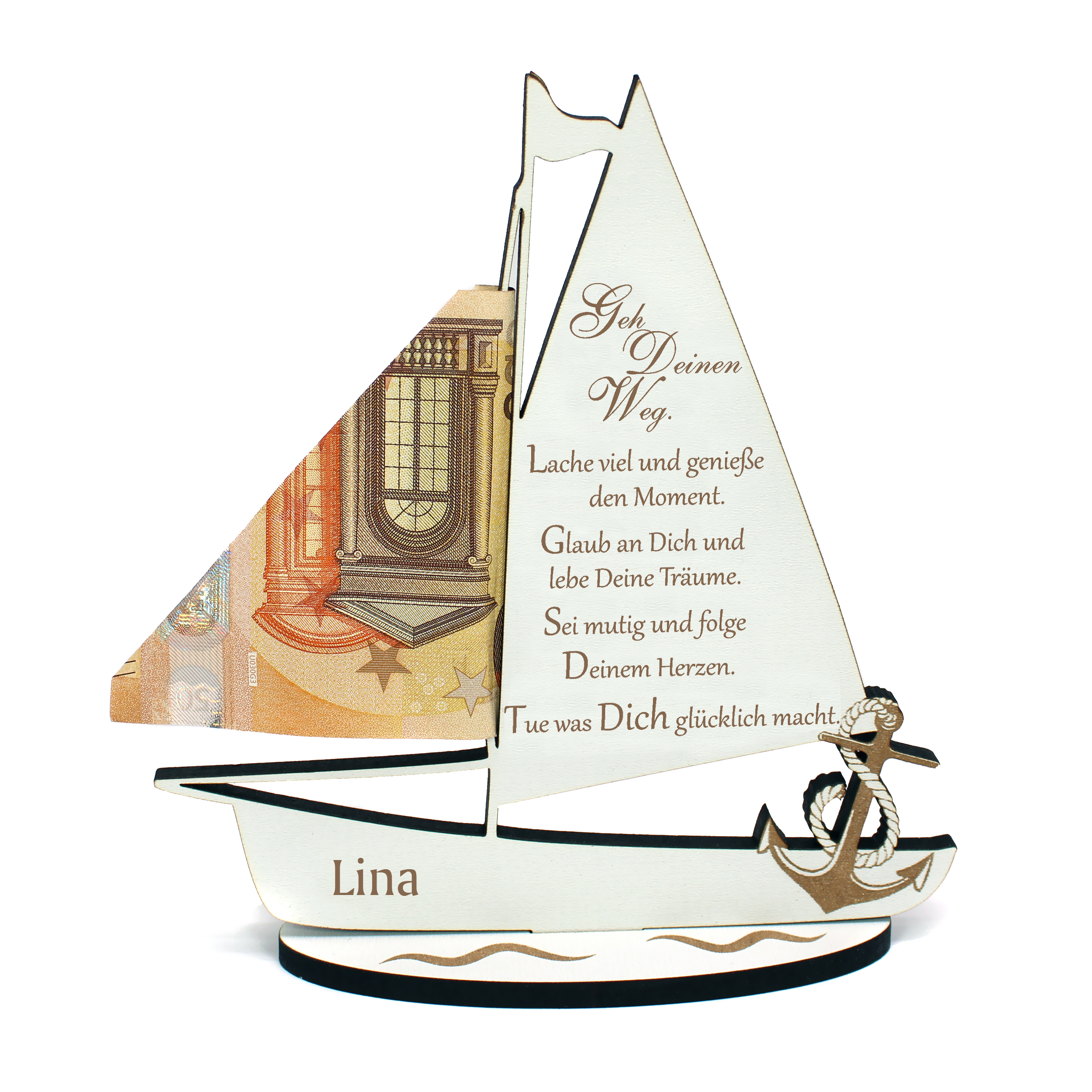 Geldgeschenk personalisiert mit Name - Holz Segelboot mit Spruch Geh deinen Weg - Geschenk Geld Jugendliche 14 x 15 cm