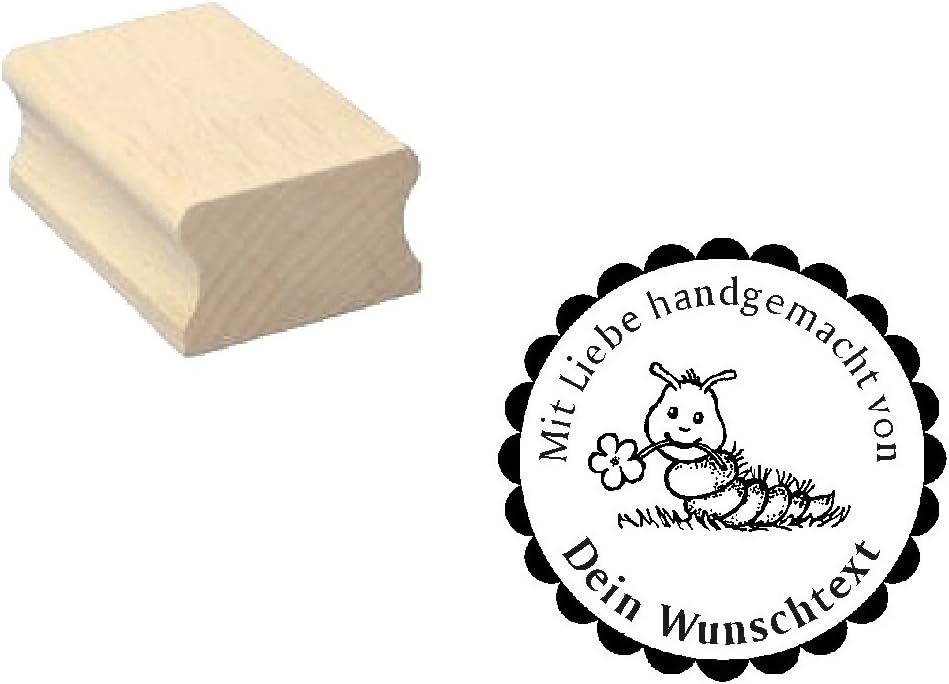 Motivstempel Handmade Raupe - inkl. Name/Wunschtext - Stempel personalisiert - Abdruck Ø 38 mm 