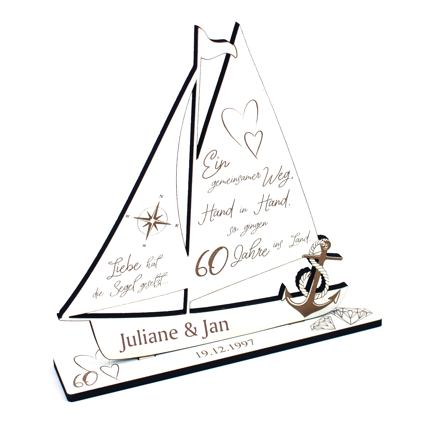 Diamantene Hochzeit Deko Hochzeitstag 60 Jahre Jubiläum personalisiert Holz Aufsteller Schiff 18x20