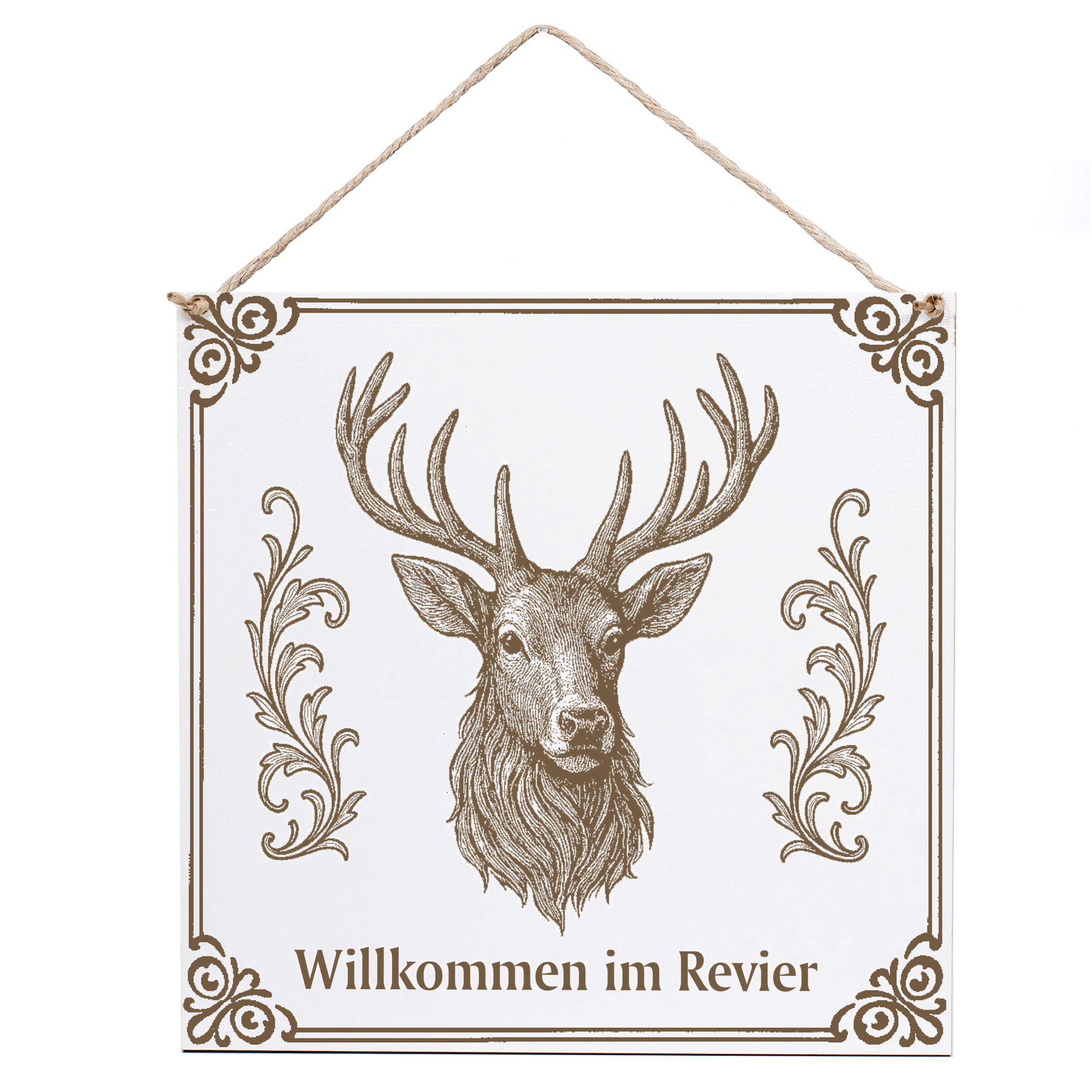 Dekoschild Hirsch Willkommen im Revier 15×15 cm aus weißem HDF – Graviertes Spruchschild