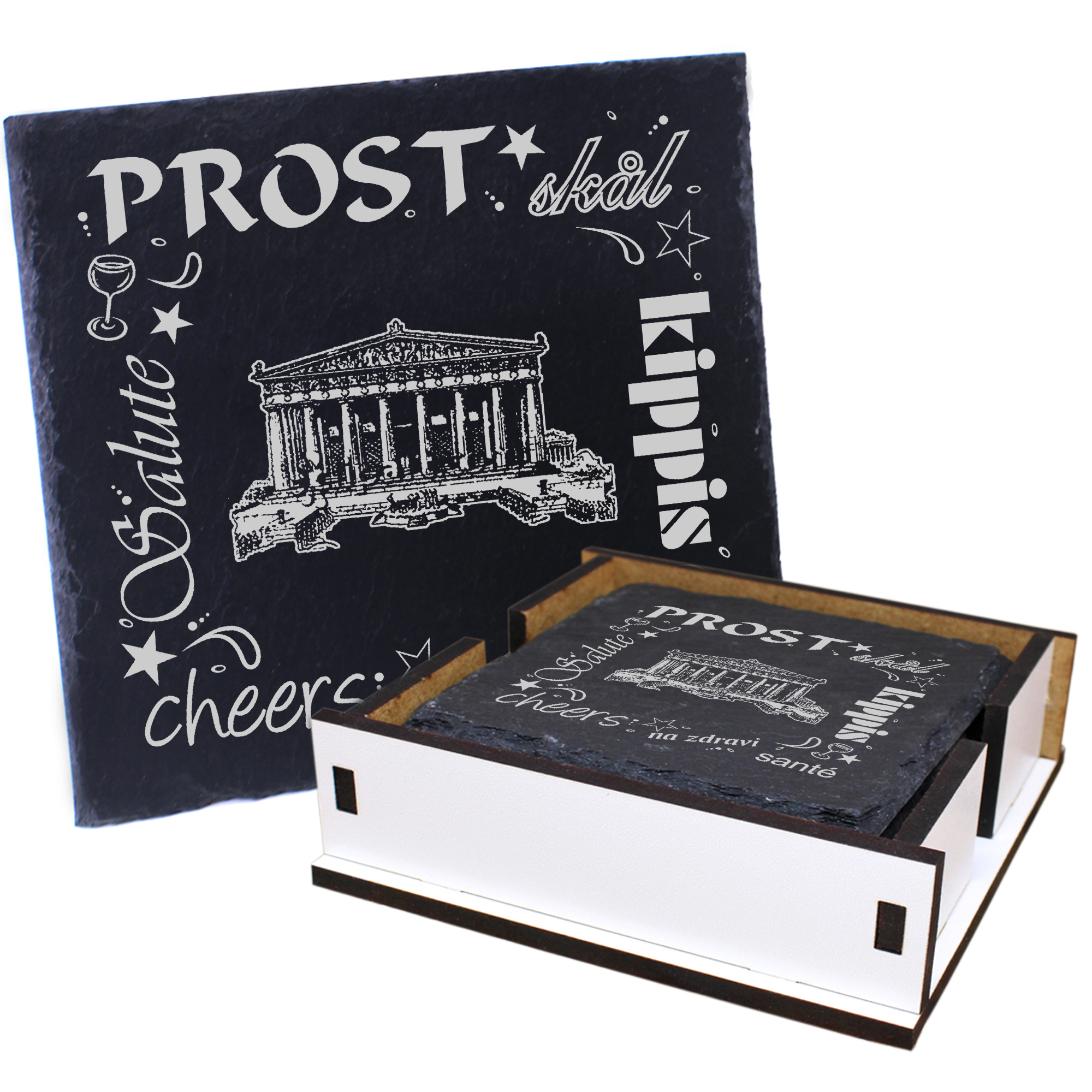 5 x Schiefer Untersetzer - Prost Akropolis - inkl. Holzbox & Flaschenuntersetzer