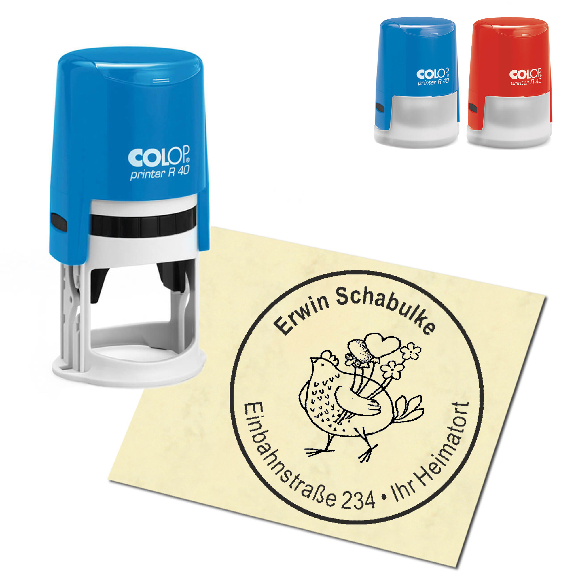 Stempel Adressstempel personalisiert - Henne mit Herzen - rund &empty; 40mm
