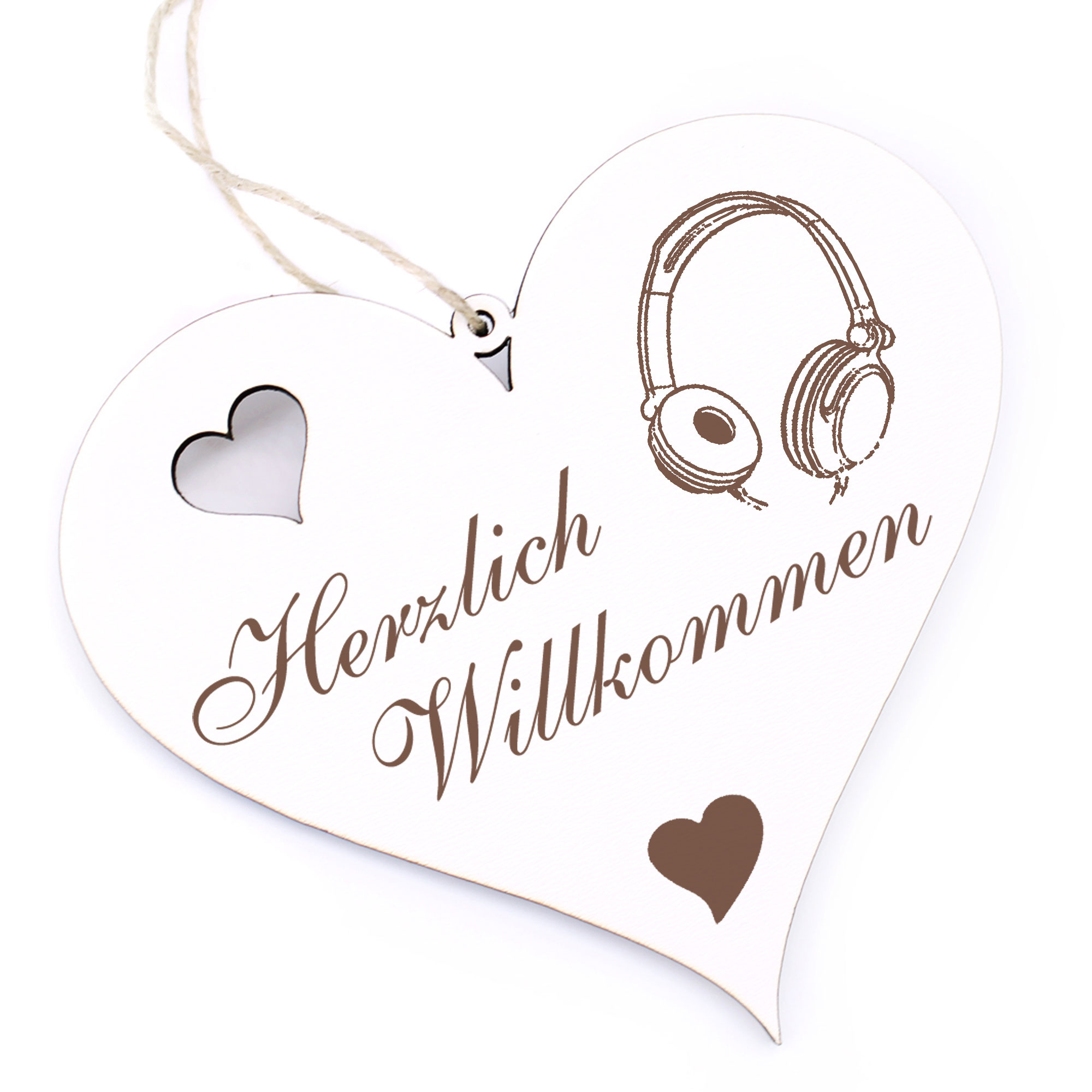 Herzlich Willkommen Schild - Kopfhörer - Deko Herz Holz