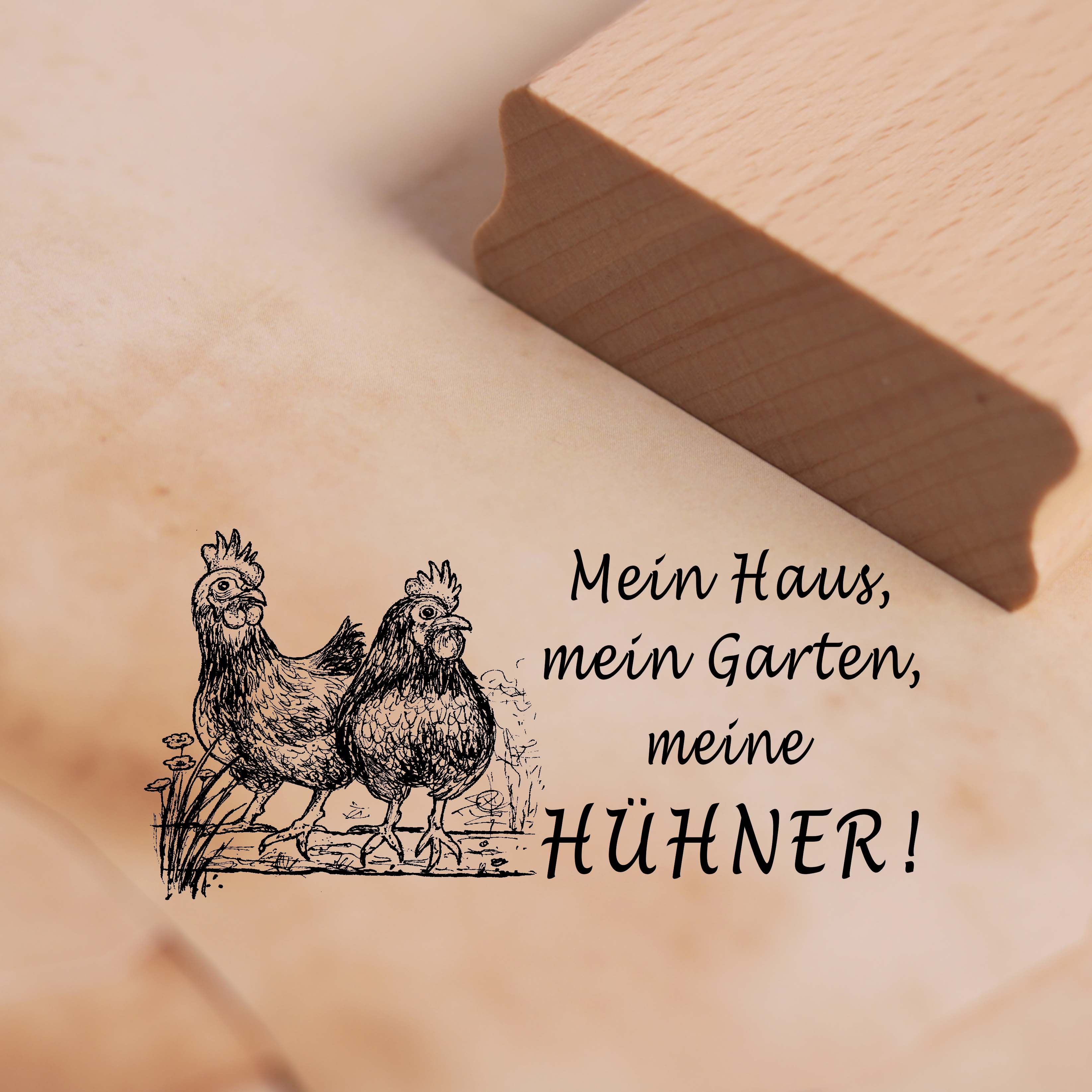 Motivstempel Mein Haus, mein Garten, meine Hühner - Stempel Landhaus Huhn Holzstempel 58 x 28 mm