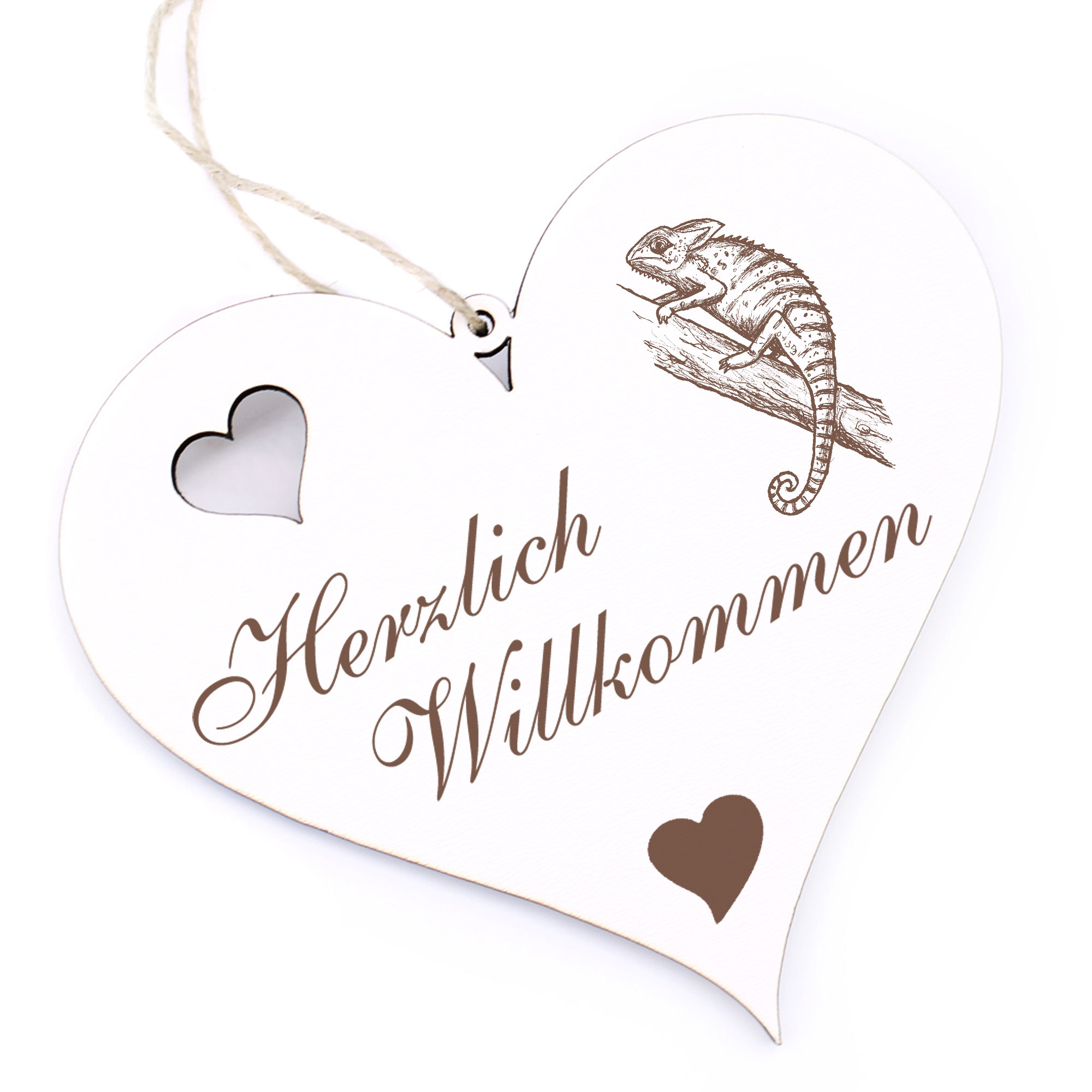 Herzlich Willkommen Schild - Chamäleon - Deko Herz Holz