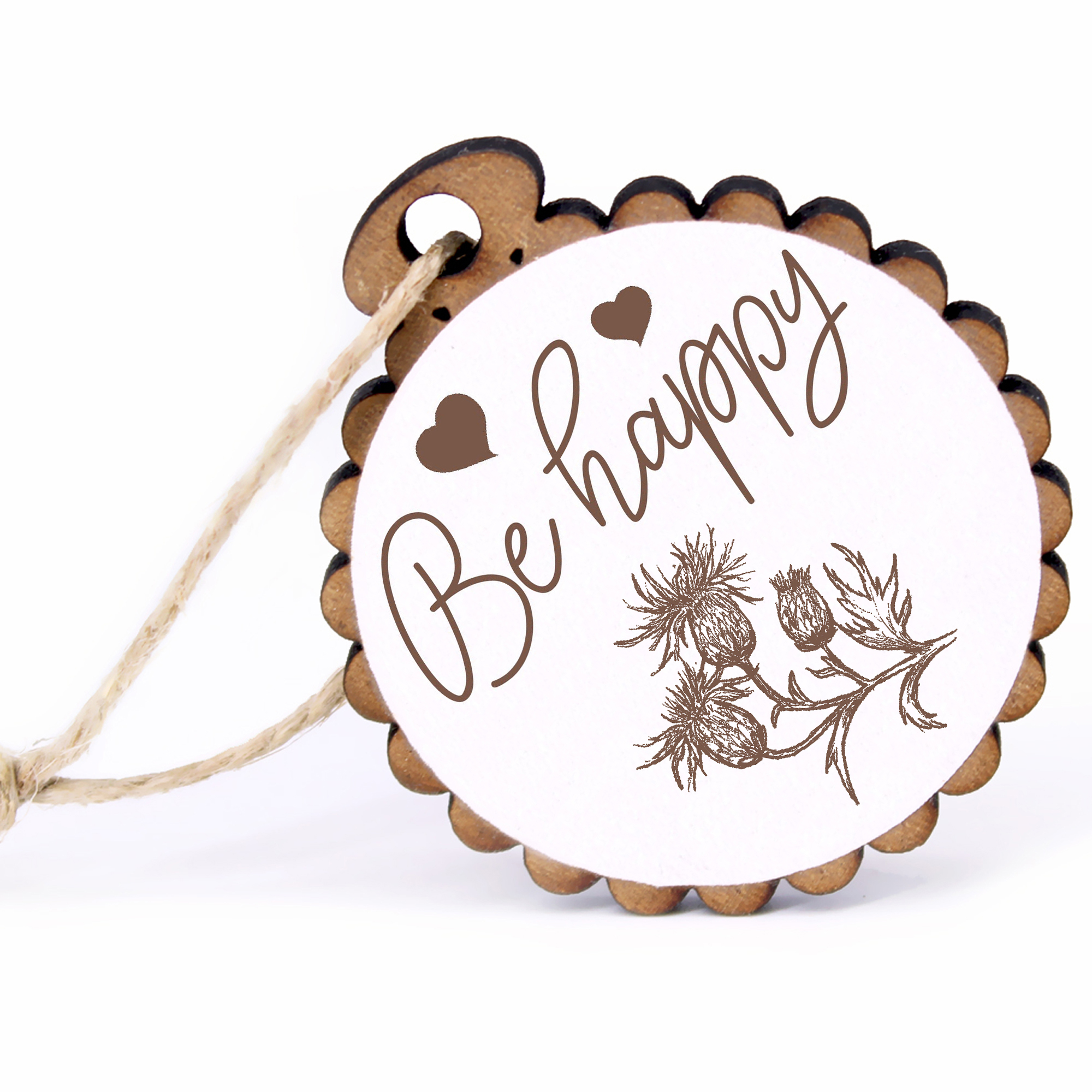 Geschenkanhänger - Be Happy Distel -  Holz Ø-5cm - mit Juteband