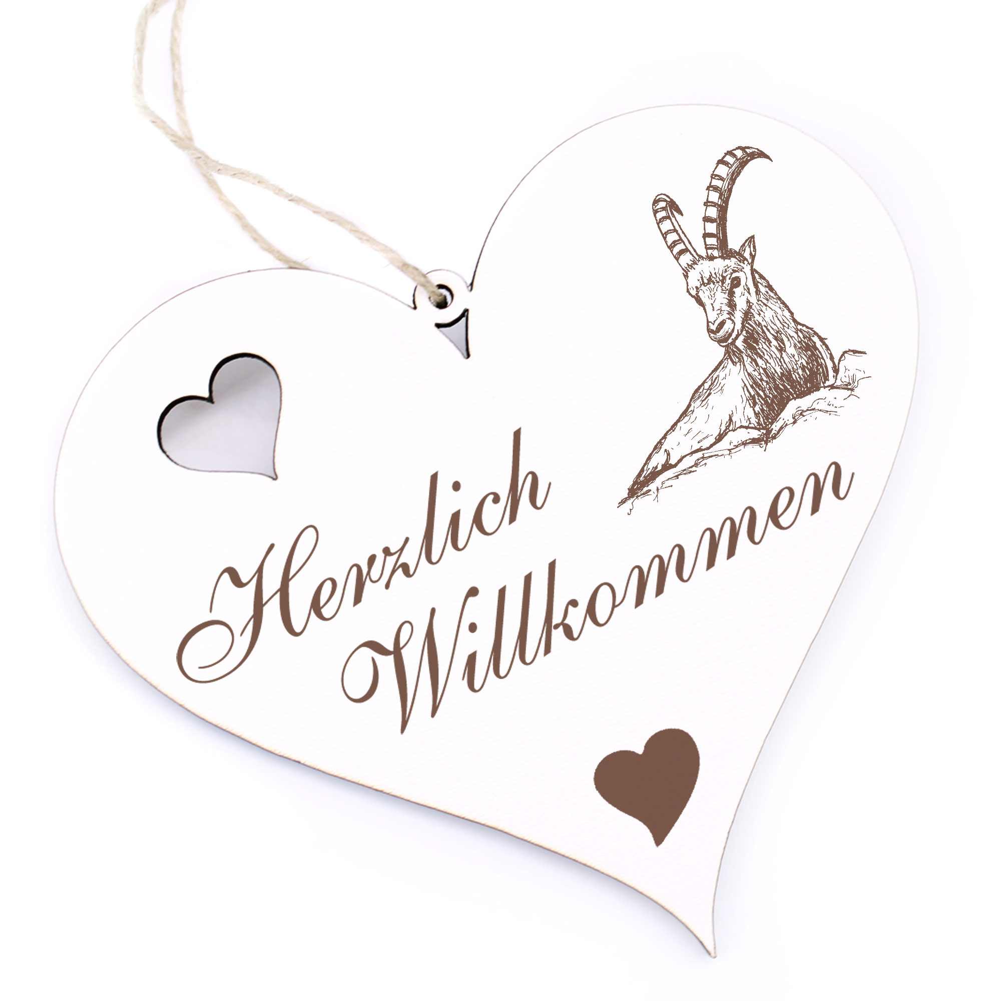 Herzlich Willkommen Schild - liegender Steinbock - Deko Herz Holz