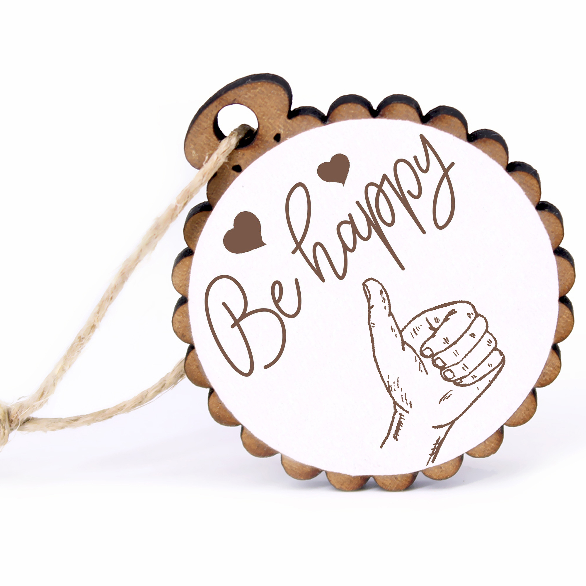 Geschenkanhänger - Be Happy Daumen hoch -  Holz Ø-5cm - mit Juteband