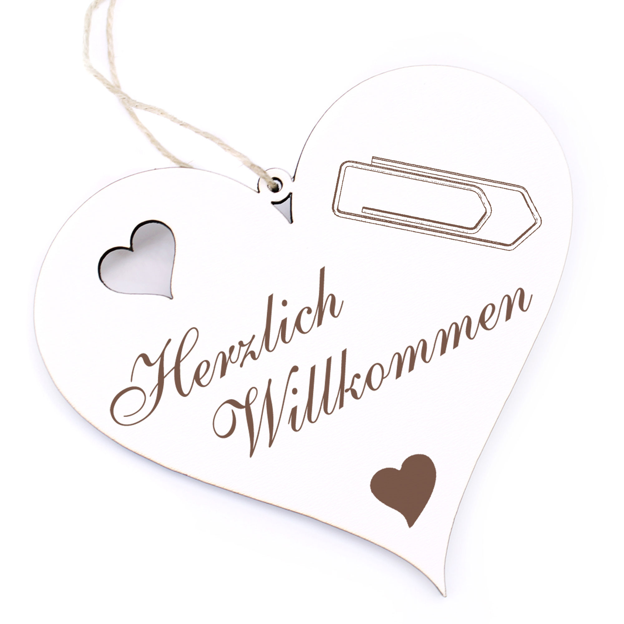 Herzlich Willkommen Schild - Büroklammer - Deko Herz Holz