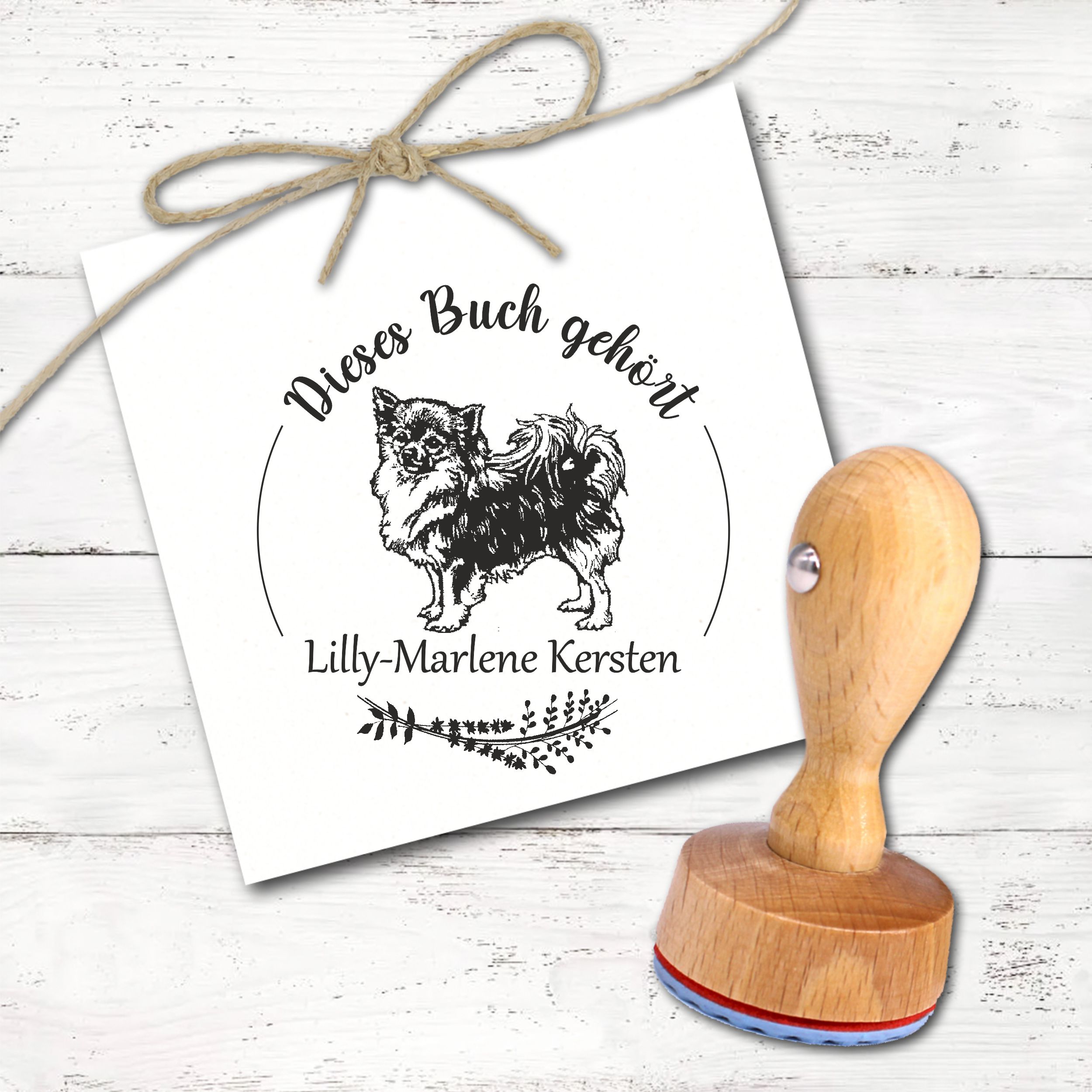 Ex Libris Stempel personalisiert mit Namen Motiv Chihuahua - Bücherstempel individuell - für Kinder, Schule & Lehrer - Ø 38 mm 