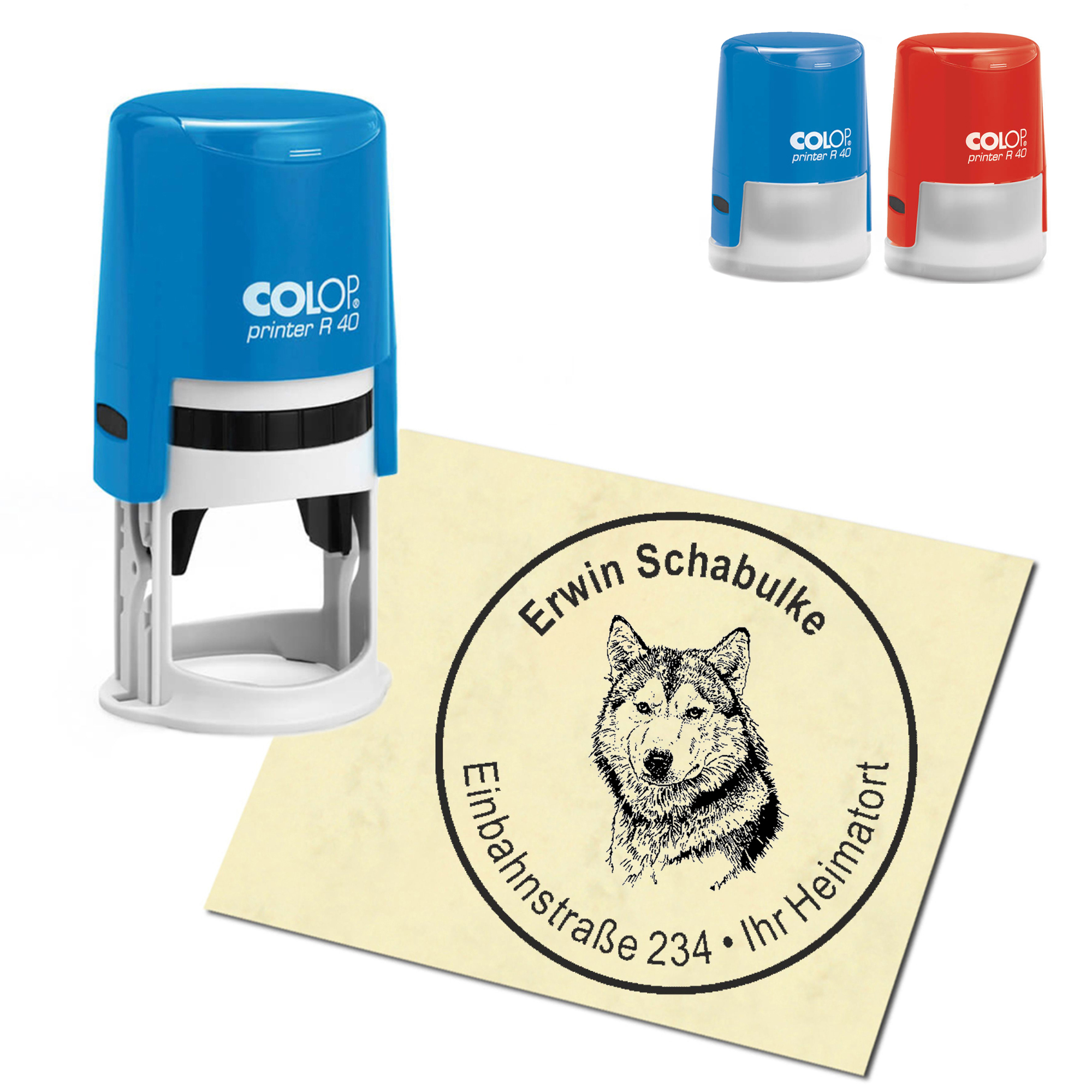 Stempel Adressstempel personalisiert - Wolf Kopf - rund &empty; 40mm